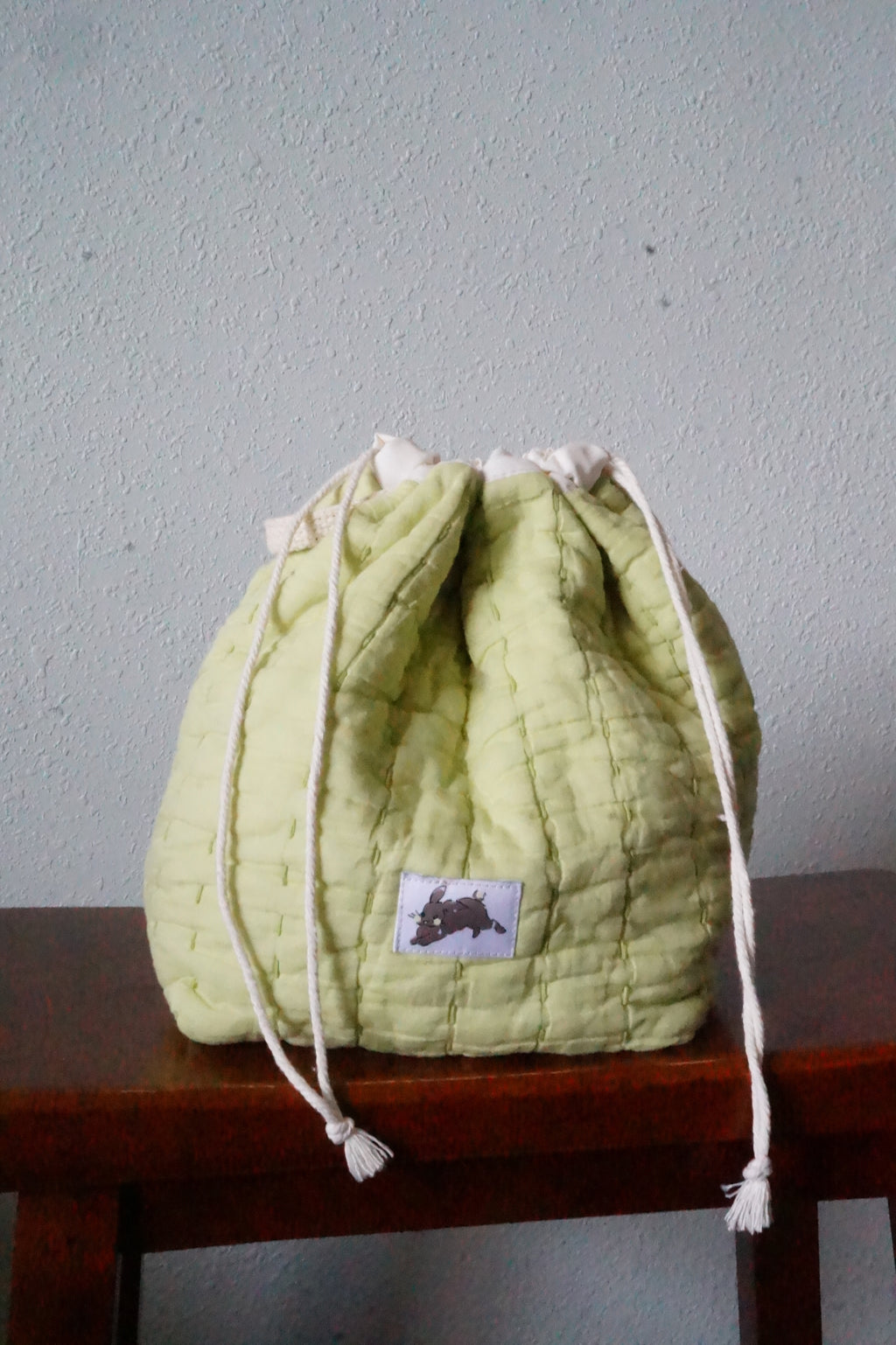 Handmade medium 1/1 vintage green quilt drawstring bag