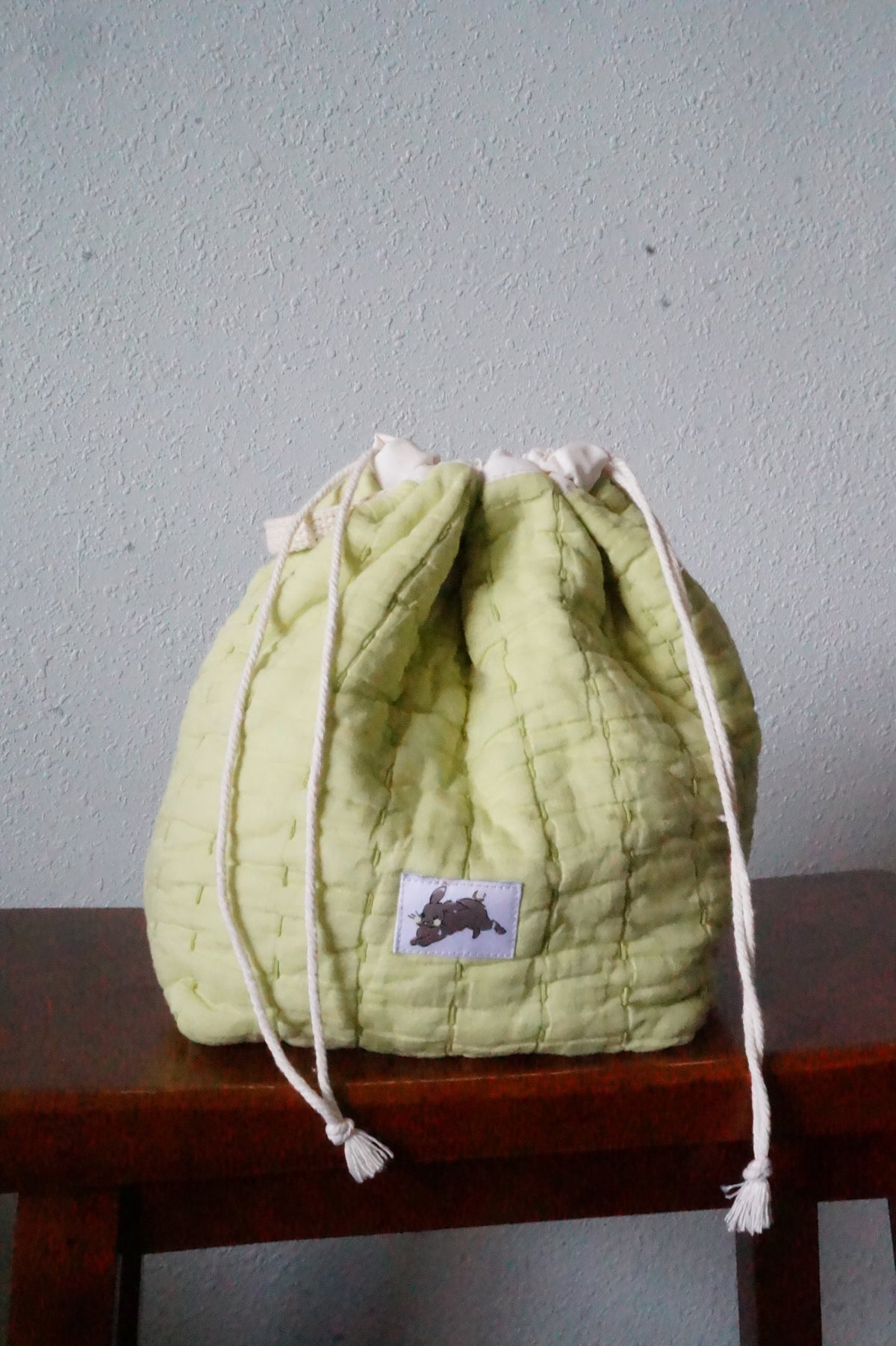 Handmade medium 1/1 vintage green quilt drawstring bag