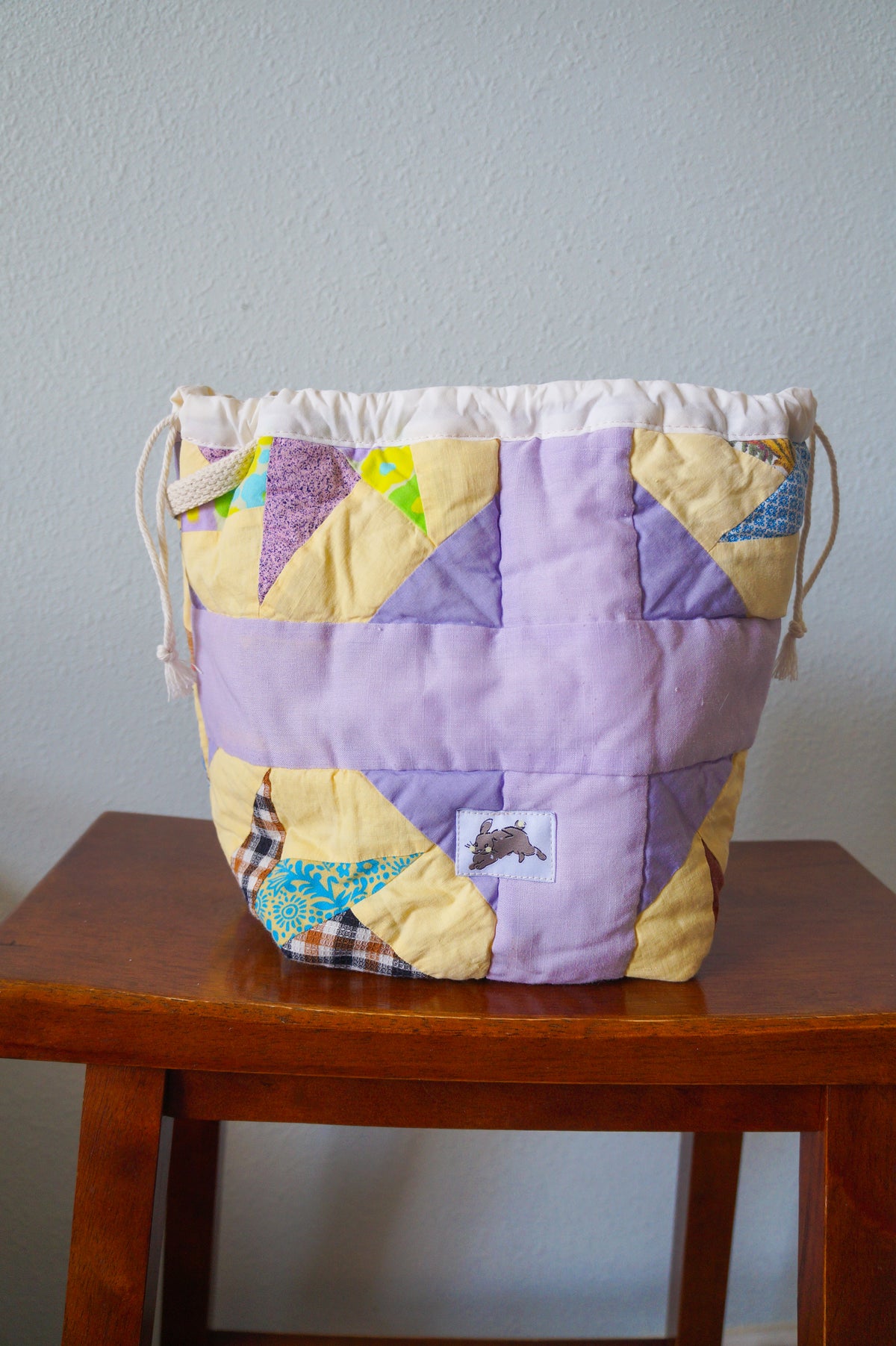 Handmade medium 1/1 vintage star quilt drawstring bag