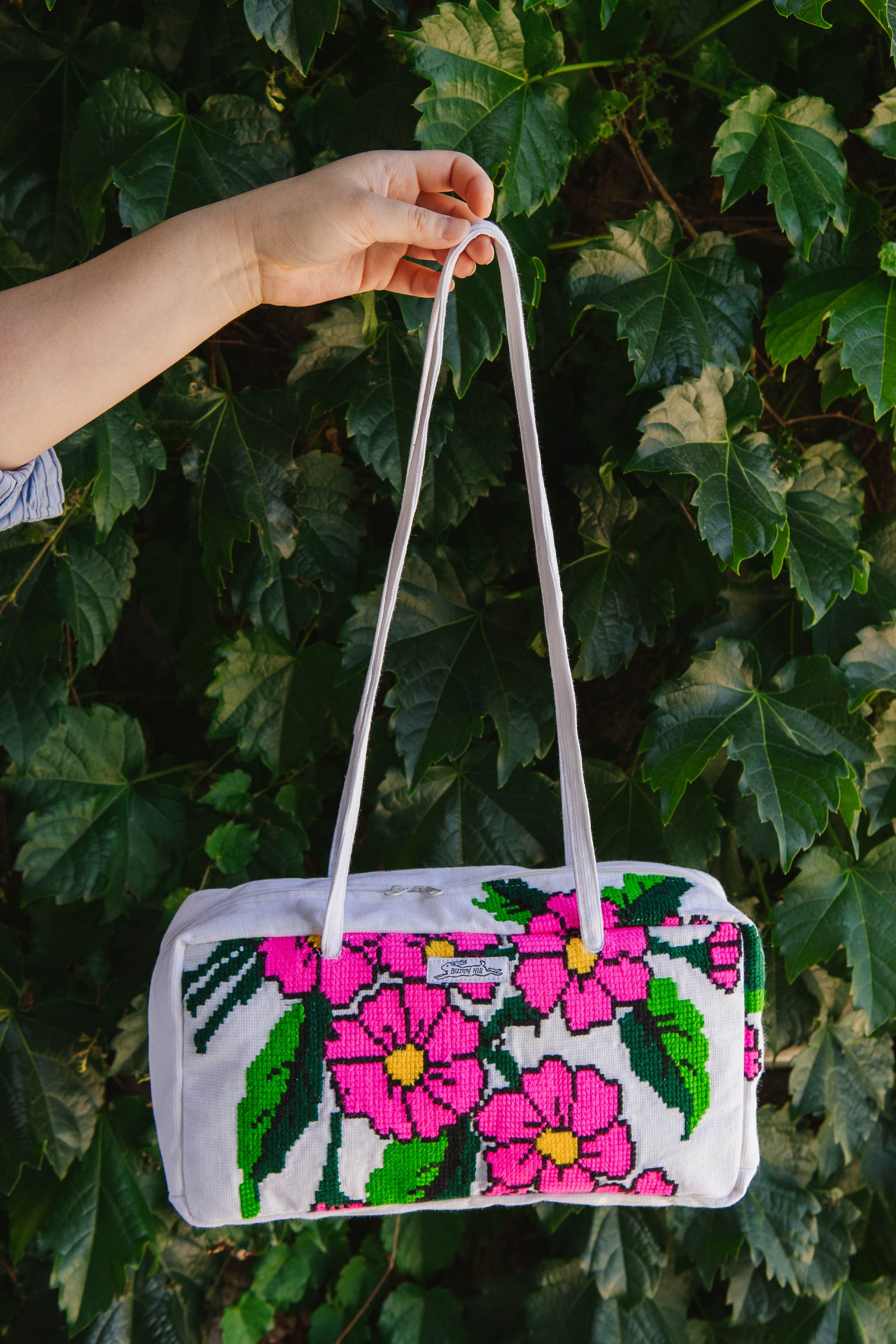 Handmade hot pink flower embroidery bowler bag