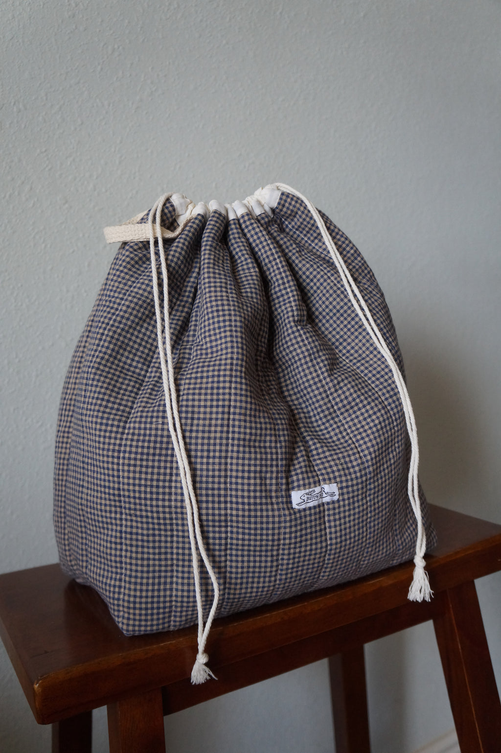 Handmade xlarge 1/1 vintage brown gingham quilted drawstring bag