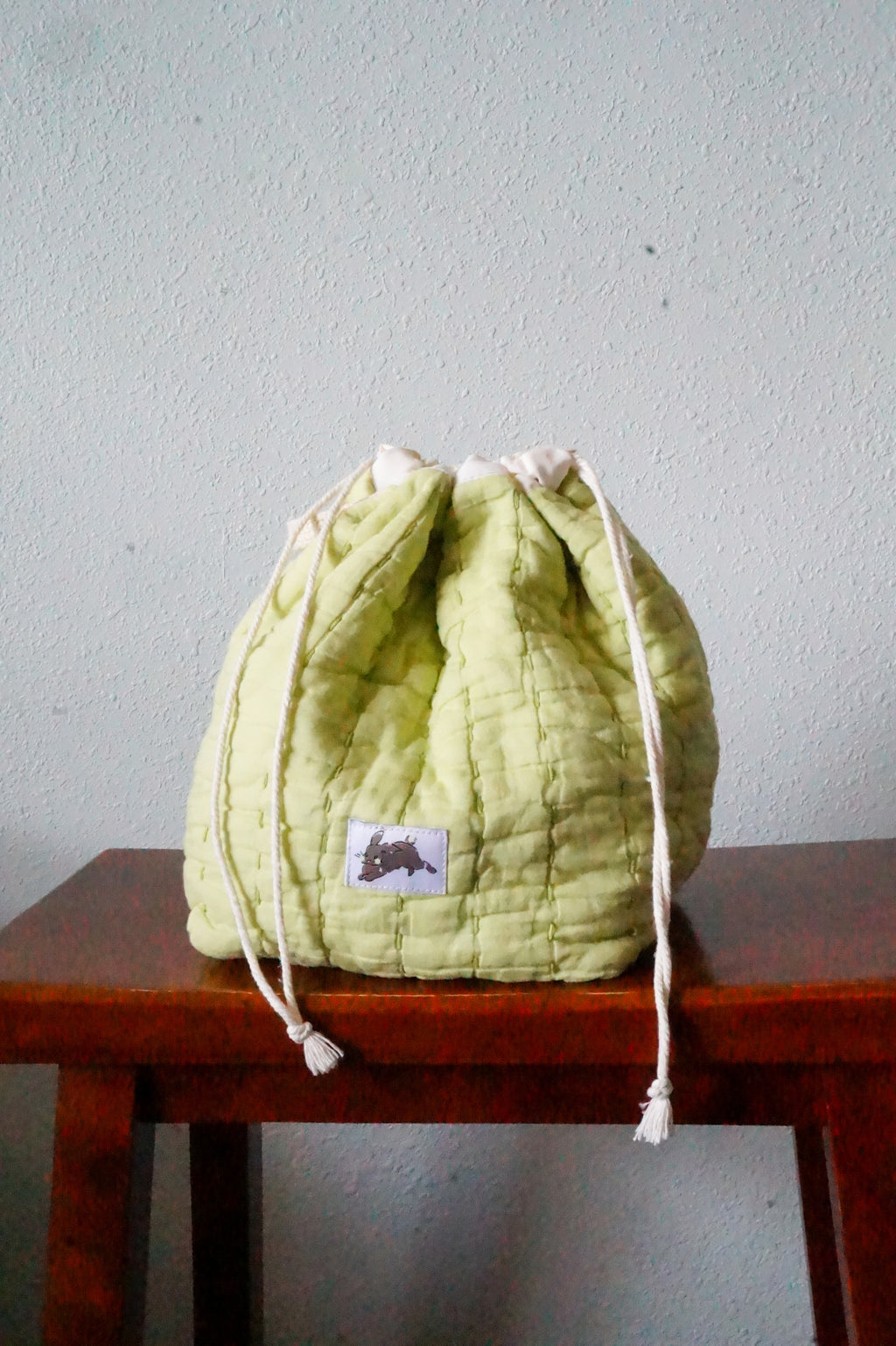 Handmade medium 1/1 vintage green quilt drawstring bag