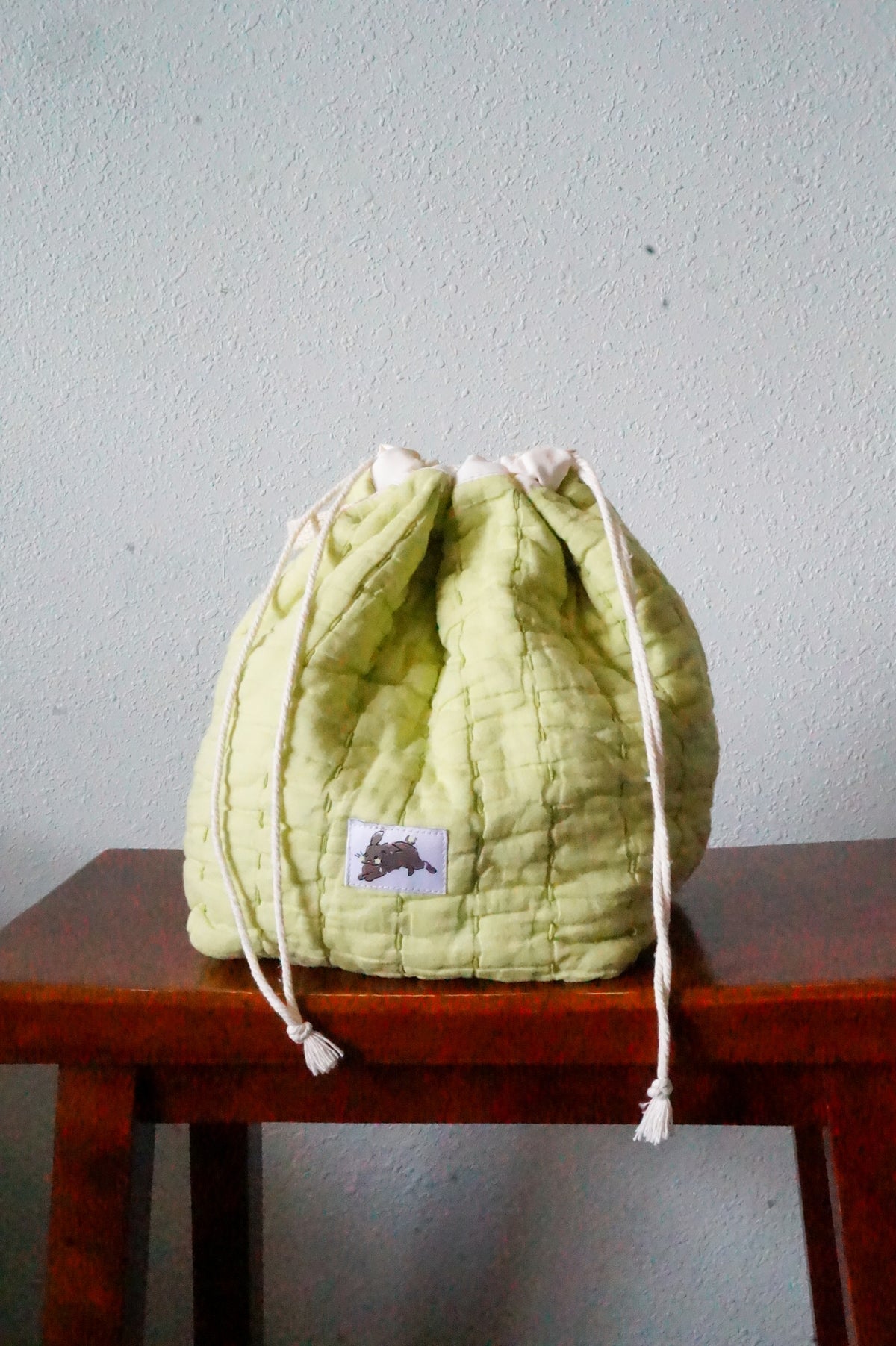 Handmade medium 1/1 vintage green quilt drawstring bag
