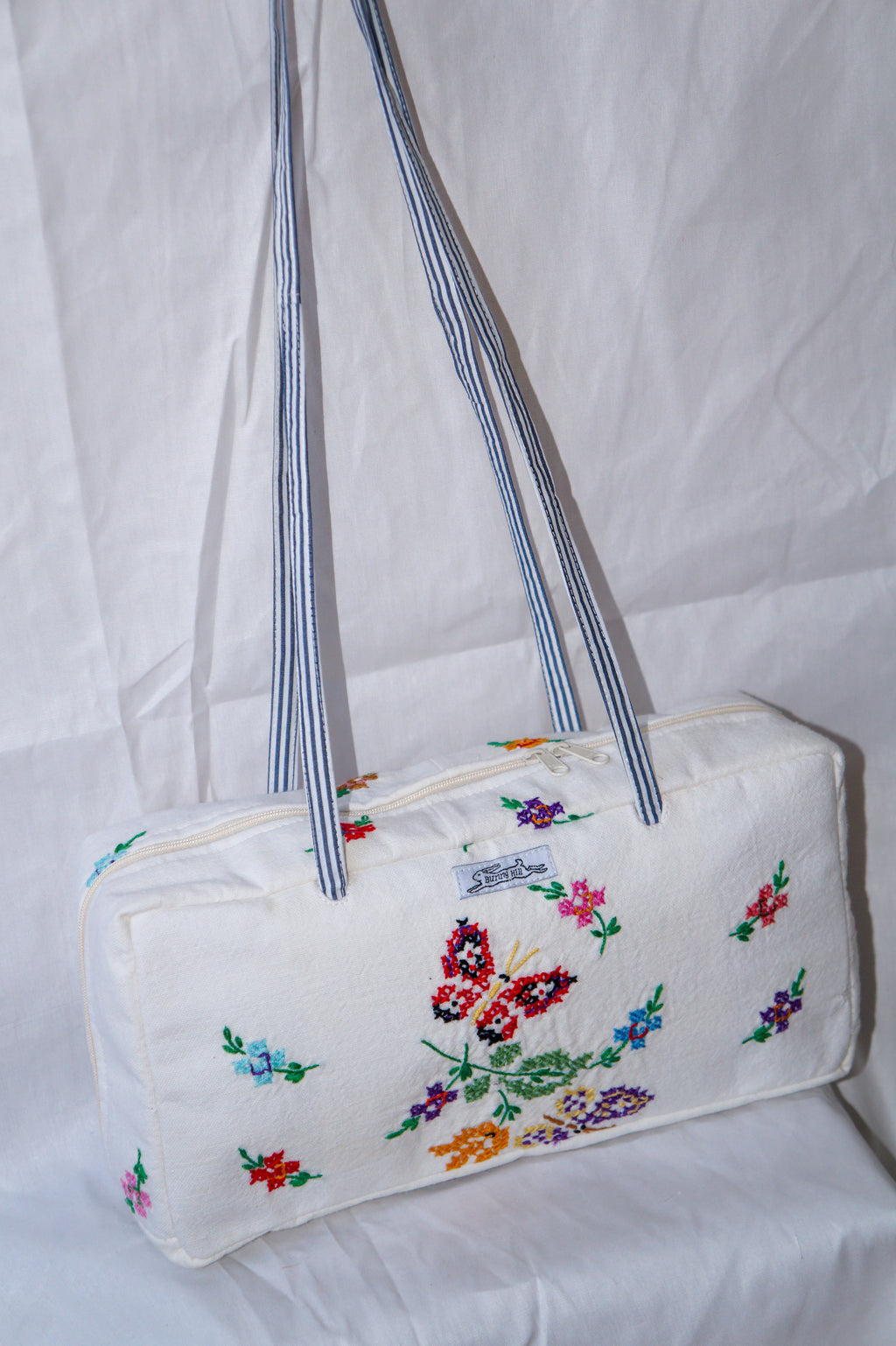 Handmade vtg embroidered butterfly bowler bag