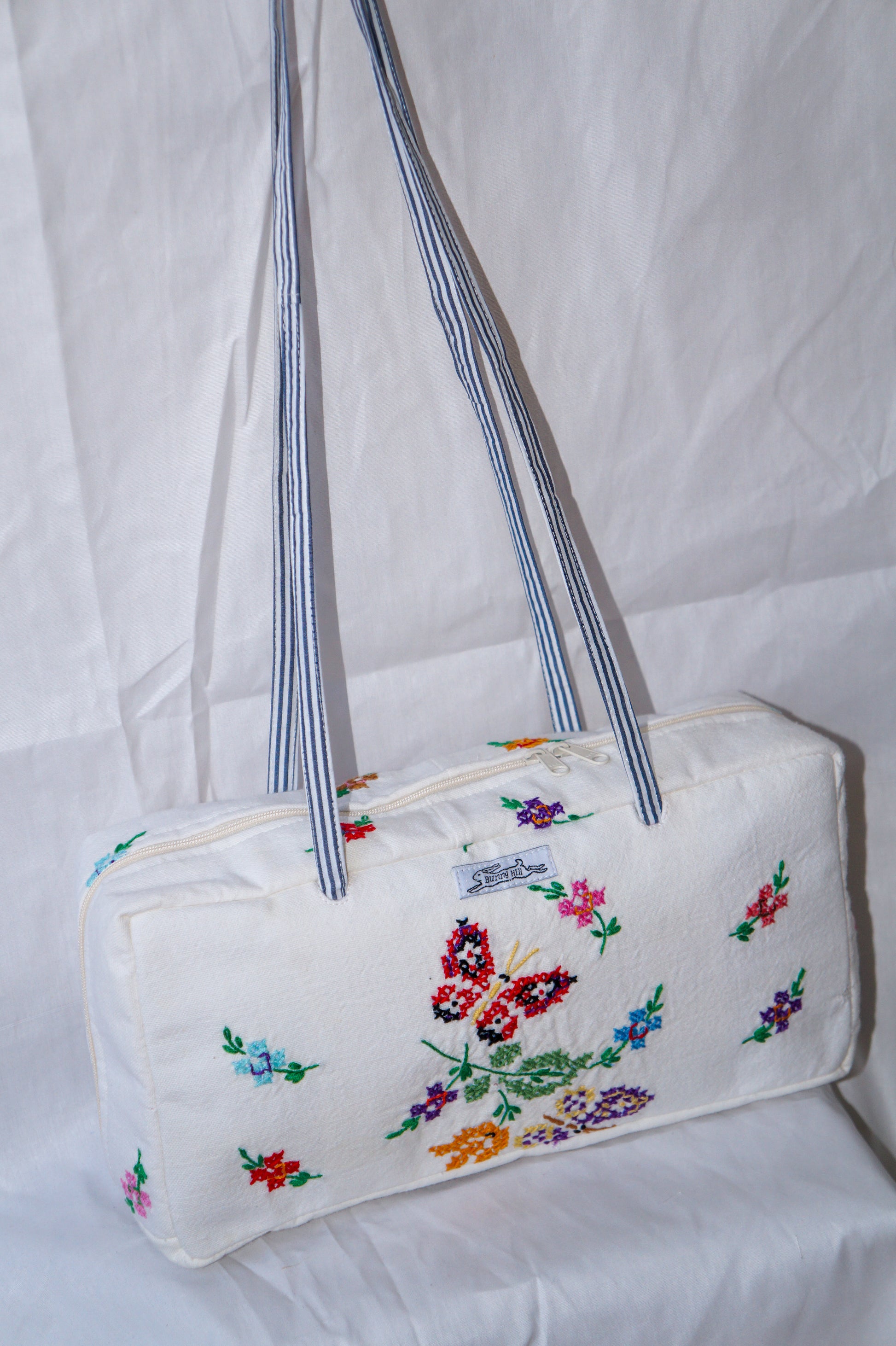Handmade vtg embroidered butterfly bowler bag