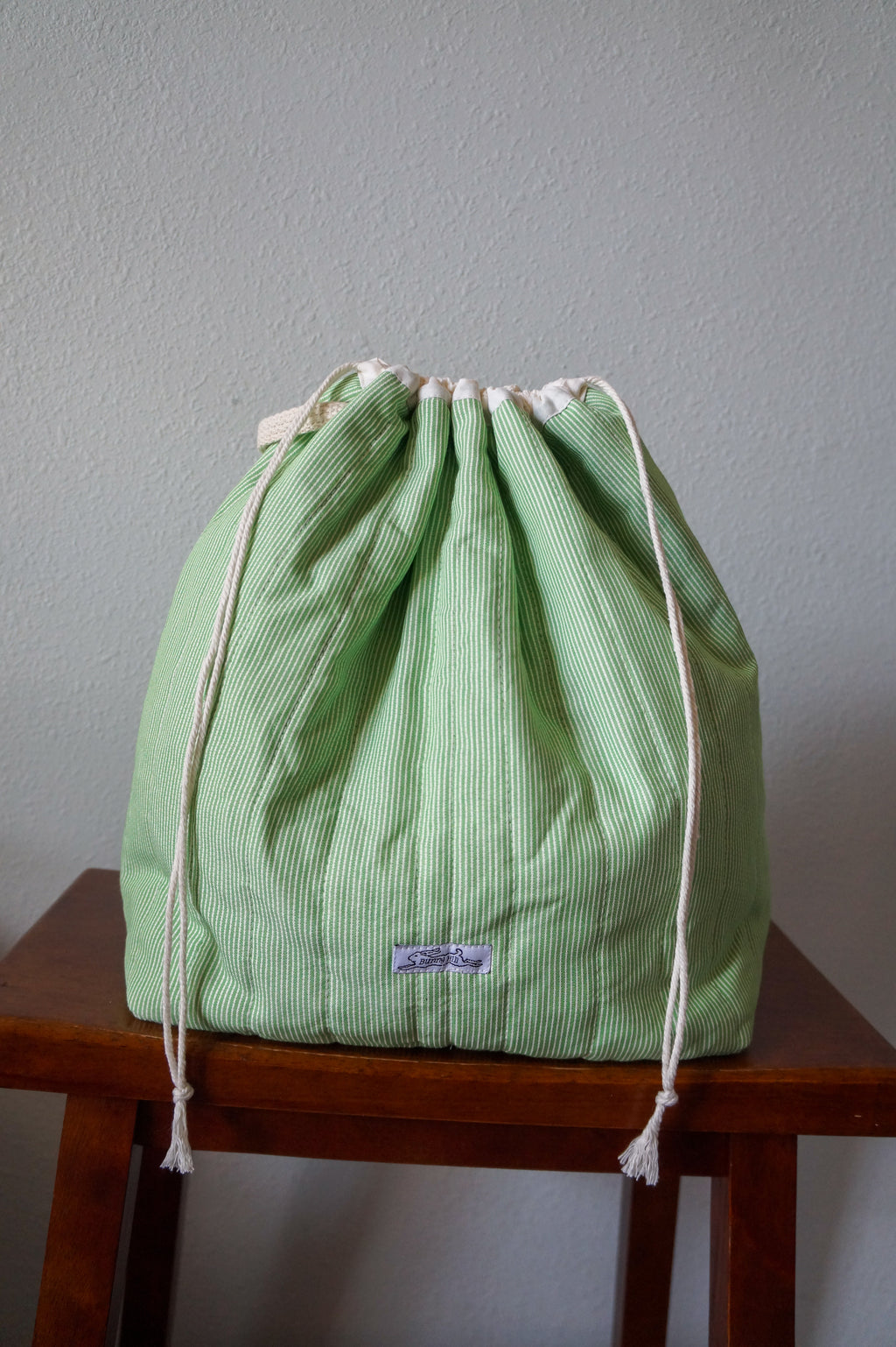 Handmade large 1/1 vintage green stripe quilted drawstring bag