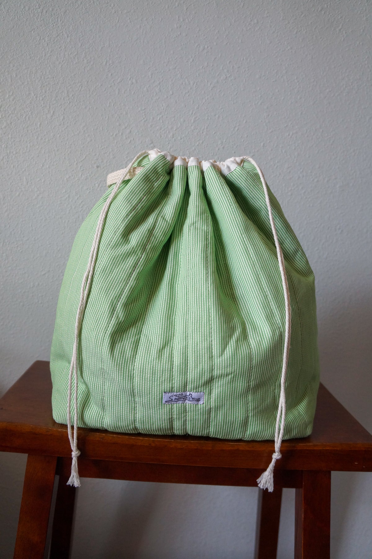 Handmade large 1/1 vintage green stripe quilted drawstring bag