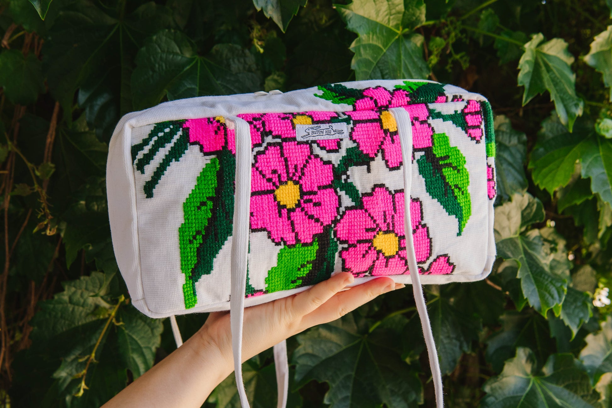 Handmade hot pink flower embroidery bowler bag