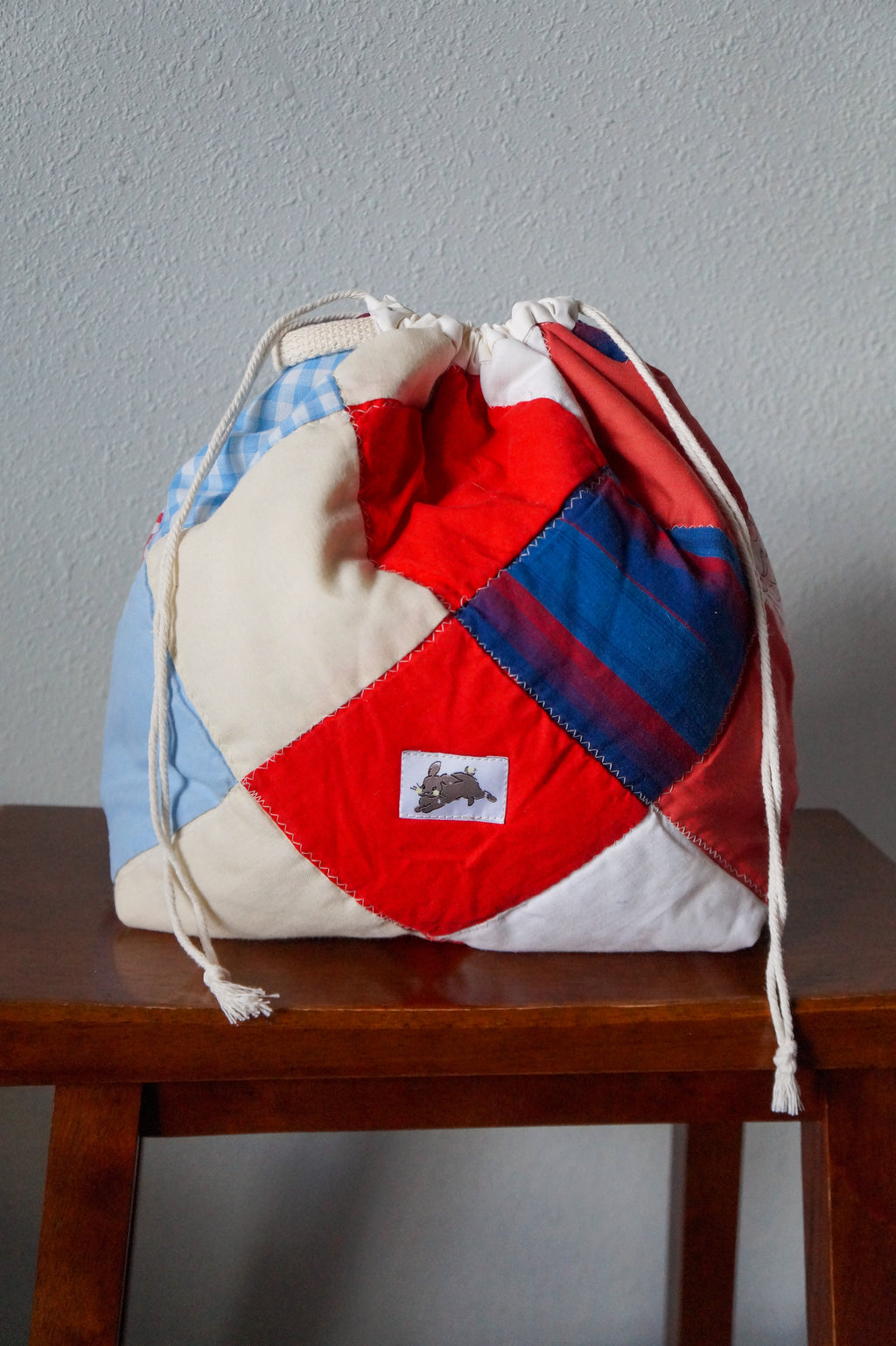 Handmade medium 1/1 vintage patchwork quilt drawstring bag