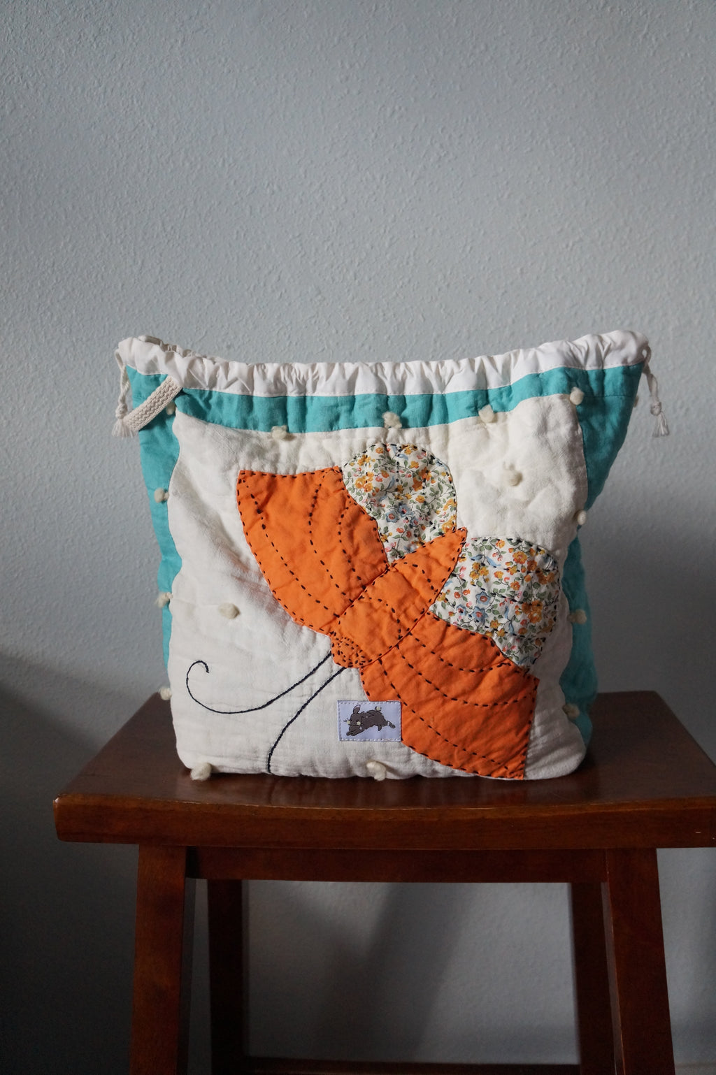 Handmade medium 1/1 vintage butterfly quilt drawstring bag