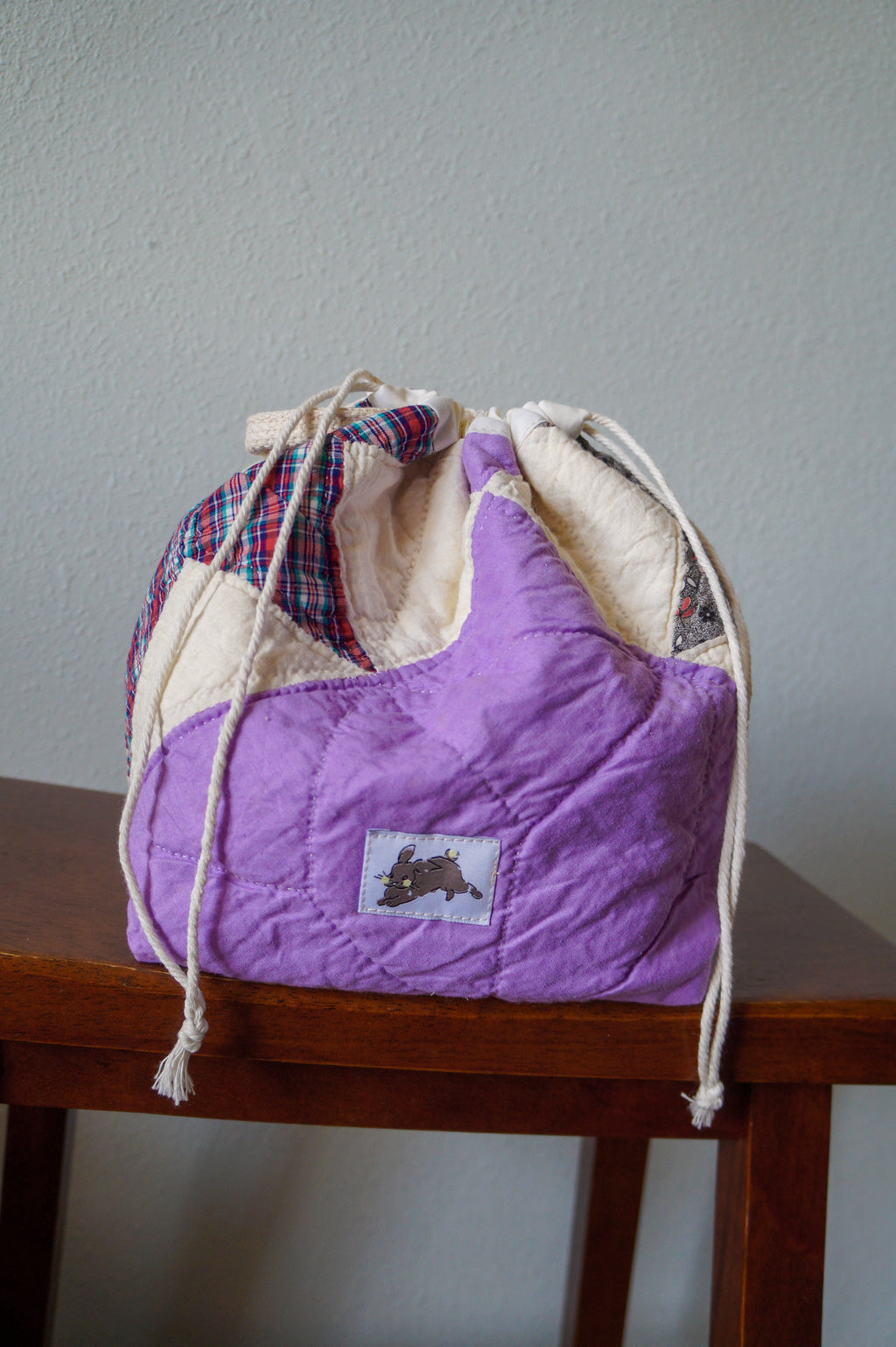 Handmade medium 1/1 vintage purple star quilt drawstring bag