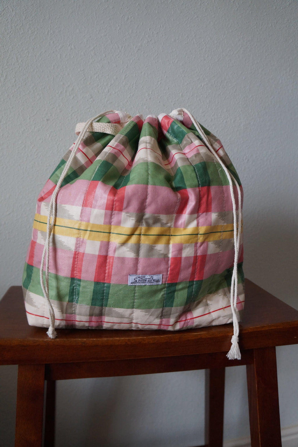 Handmade xlarge 1/1 vintage pink plaid quilted drawstring bag