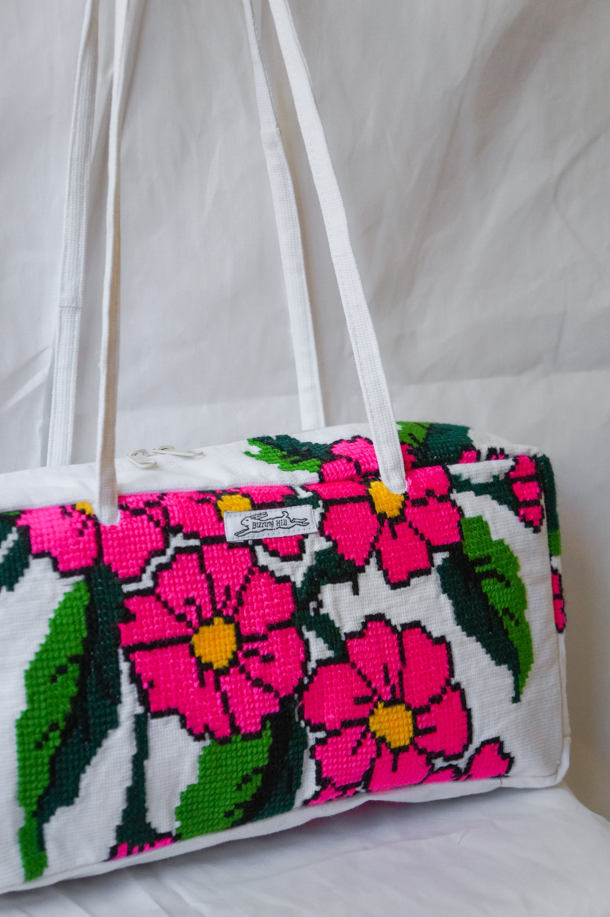 Handmade hot pink flower embroidery bowler bag