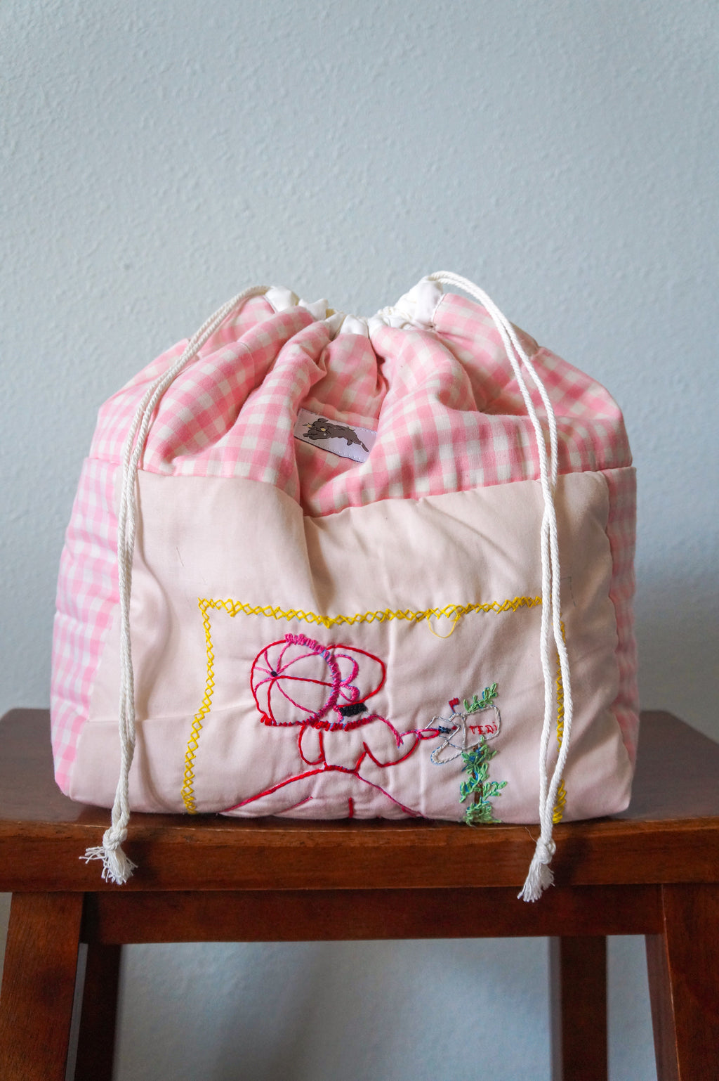 Handmade large pink 1/1 vintage patchwork quilt drawstring bag
