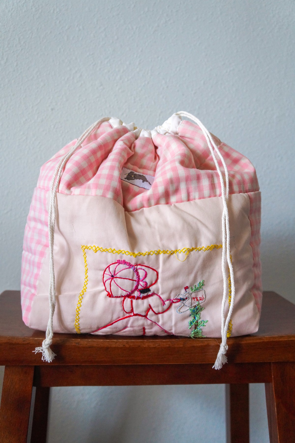 Handmade large pink 1/1 vintage patchwork quilt drawstring bag