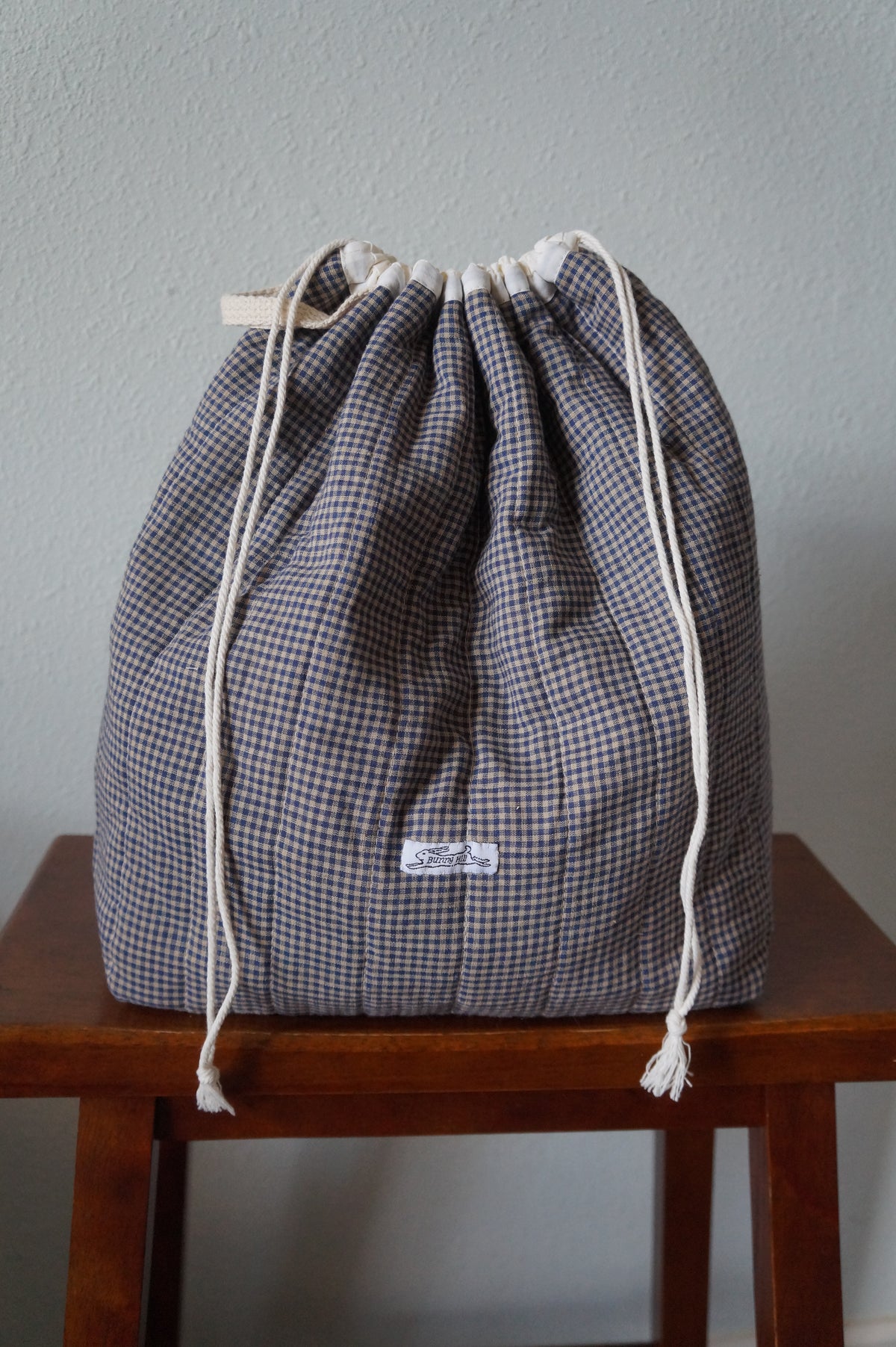 Handmade xlarge 1/1 vintage brown gingham quilted drawstring bag