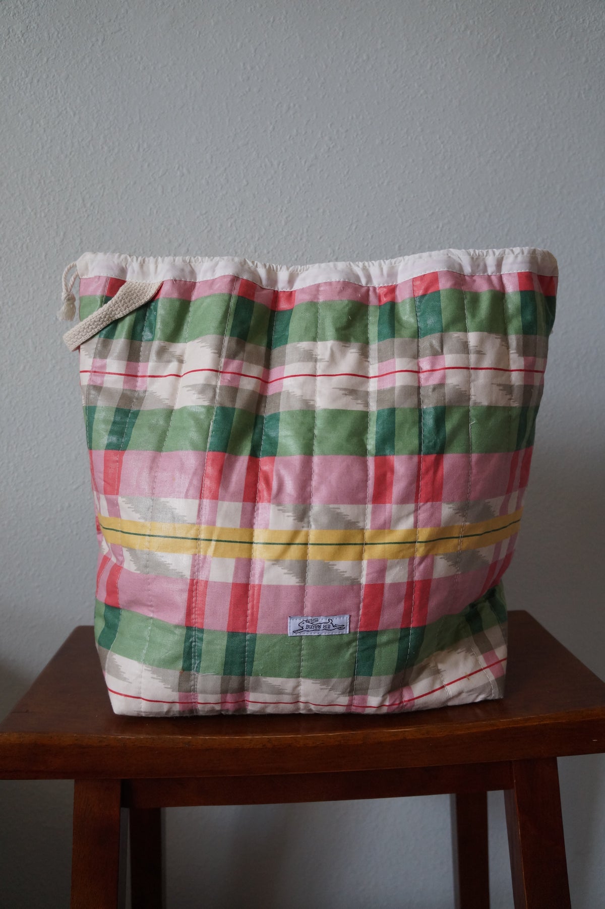 Handmade xlarge 1/1 vintage pink plaid quilted drawstring bag