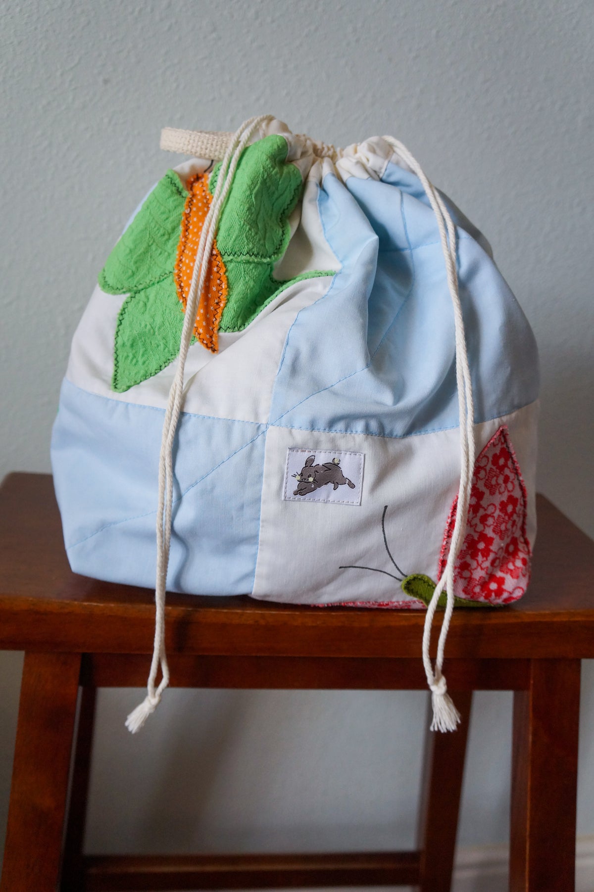 Handmade large 1/1 vintage butterfly quilt drawstring bag