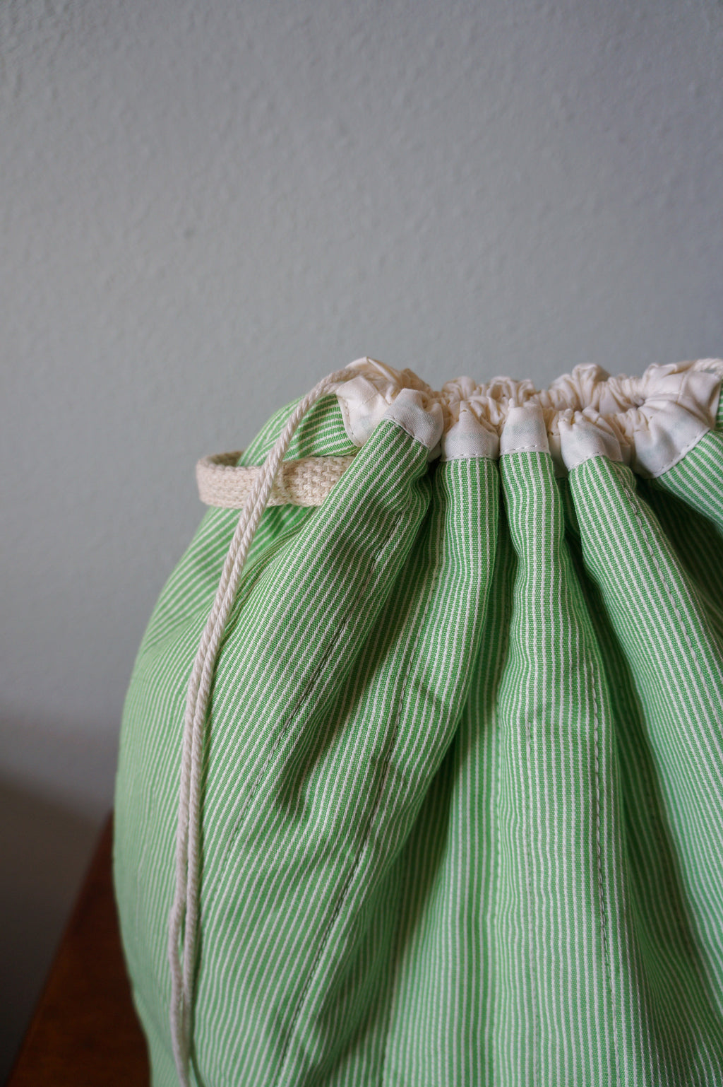 Handmade large 1/1 vintage green stripe quilted drawstring bag