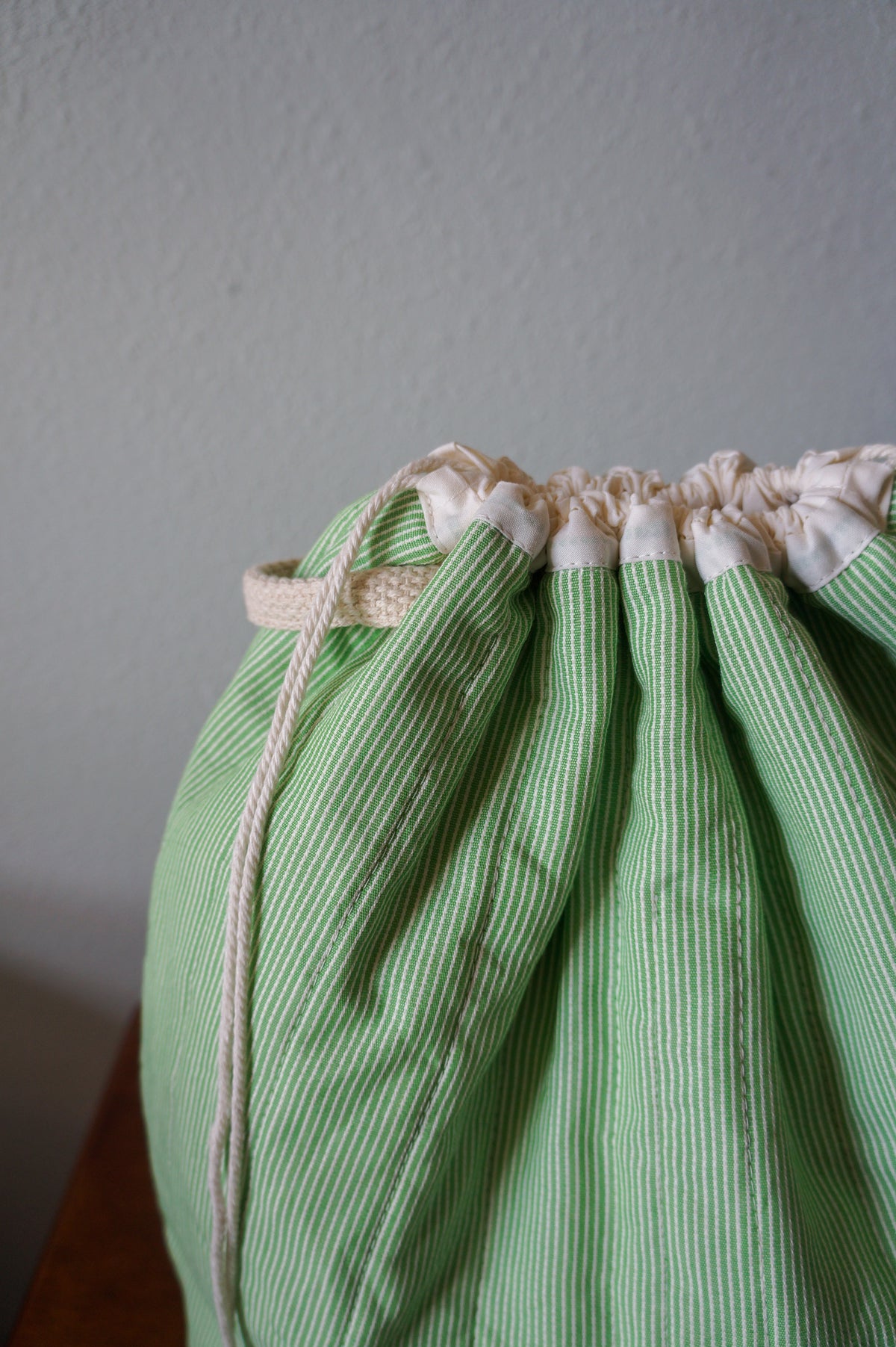 Handmade large 1/1 vintage green stripe quilted drawstring bag