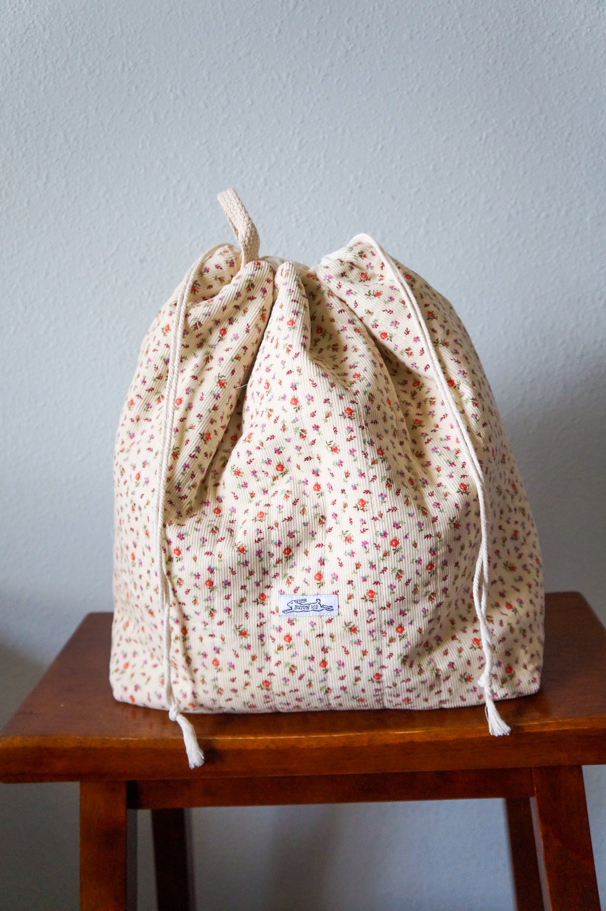 Handmade xlarge 1/1 vintage floral corduroy drawstring bag