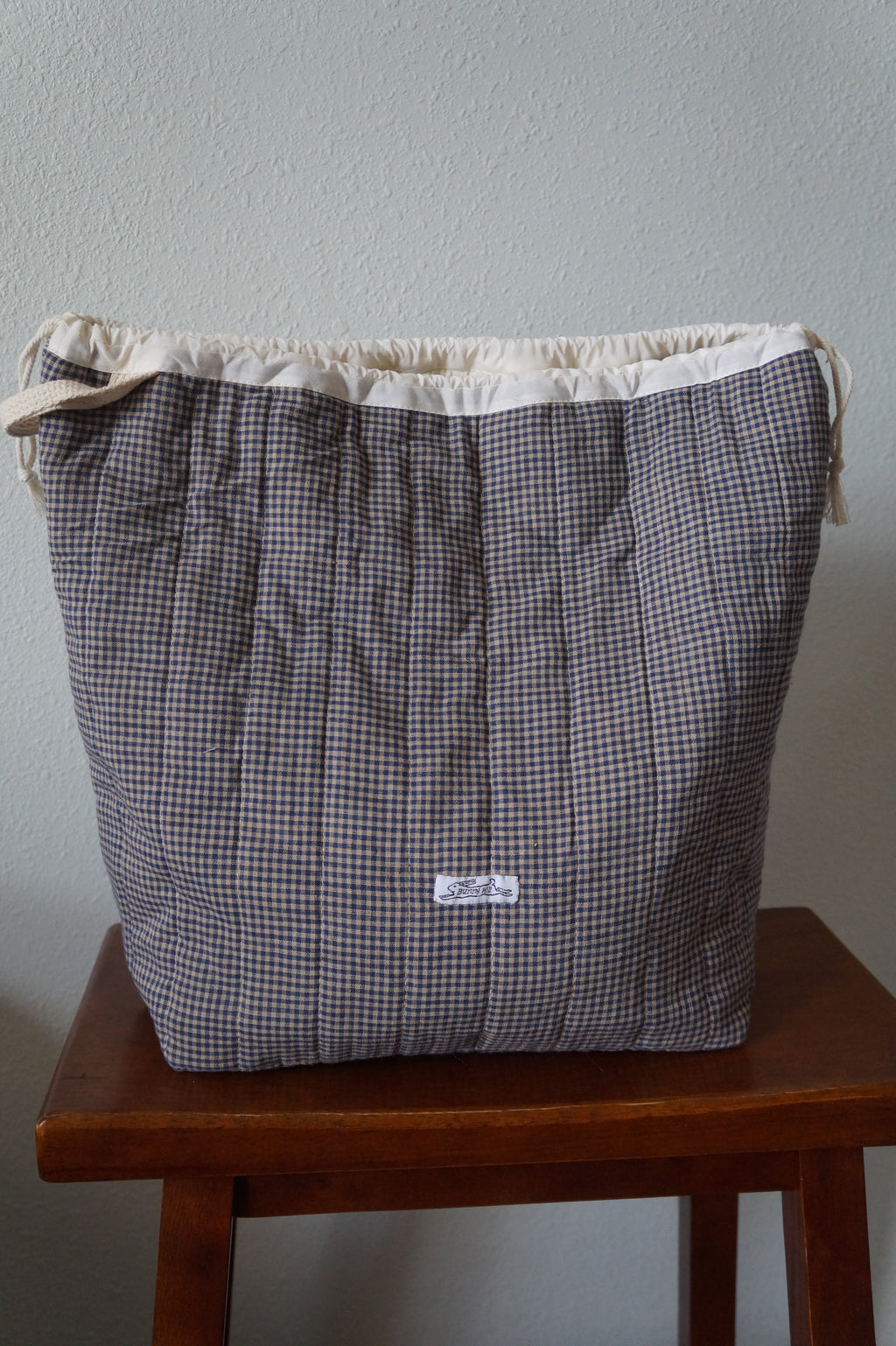 Handmade xlarge 1/1 vintage brown gingham quilted drawstring bag