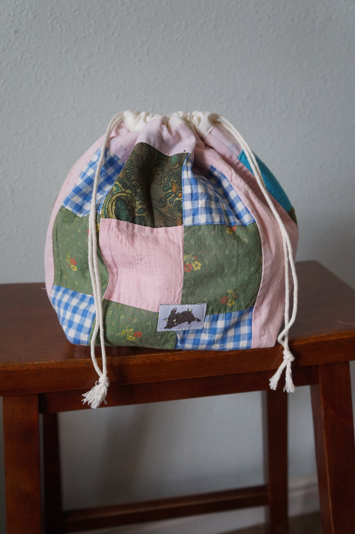 Handmade medium 1/1 vintage pink patchwork quilt drawstring bag