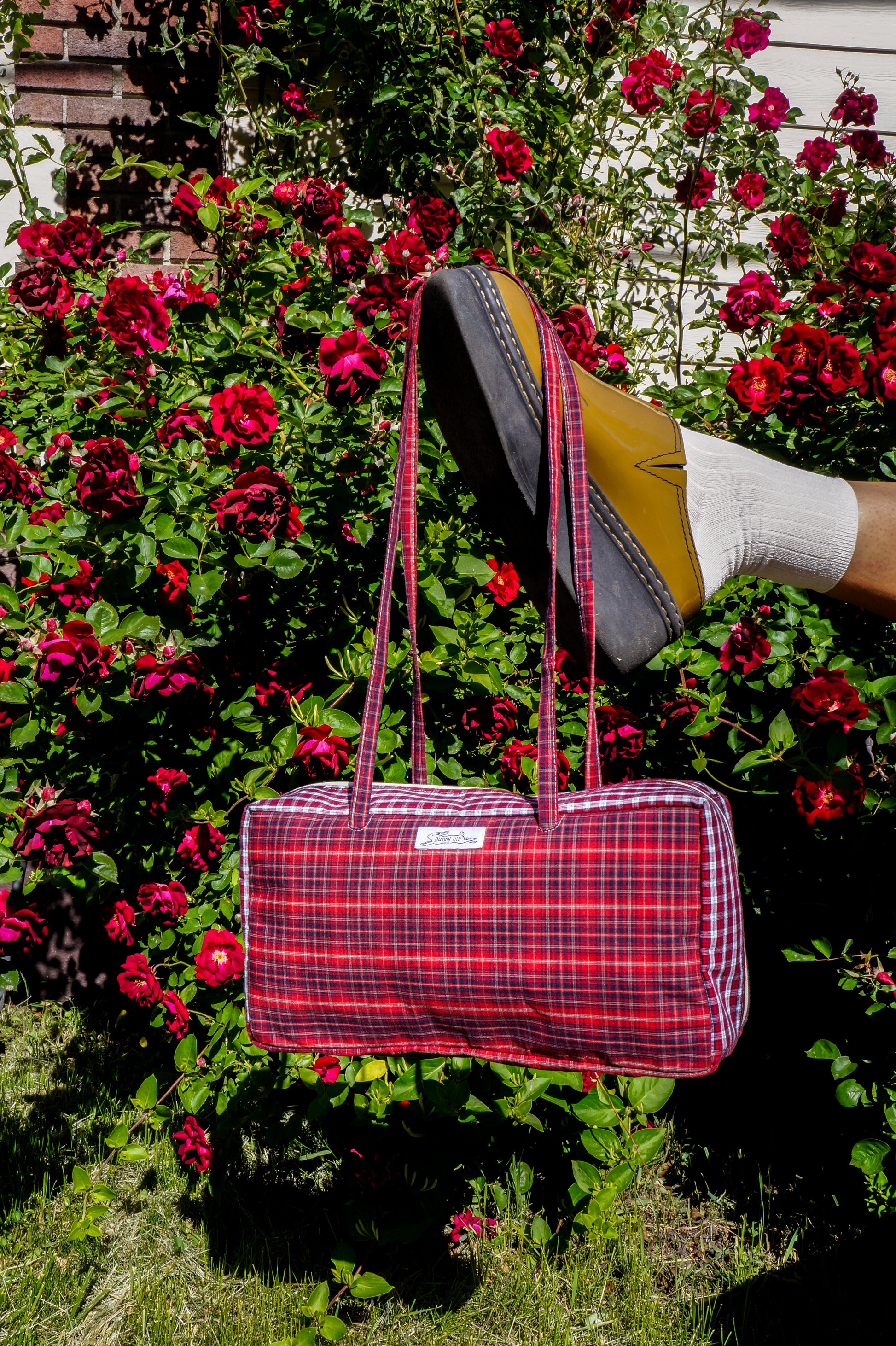 Handmade one of a kind red plaid cotton bowler bag