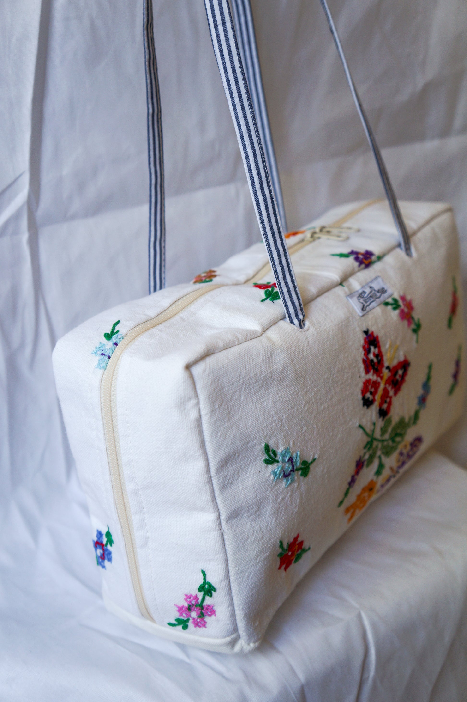 Handmade vtg embroidered butterfly bowler bag