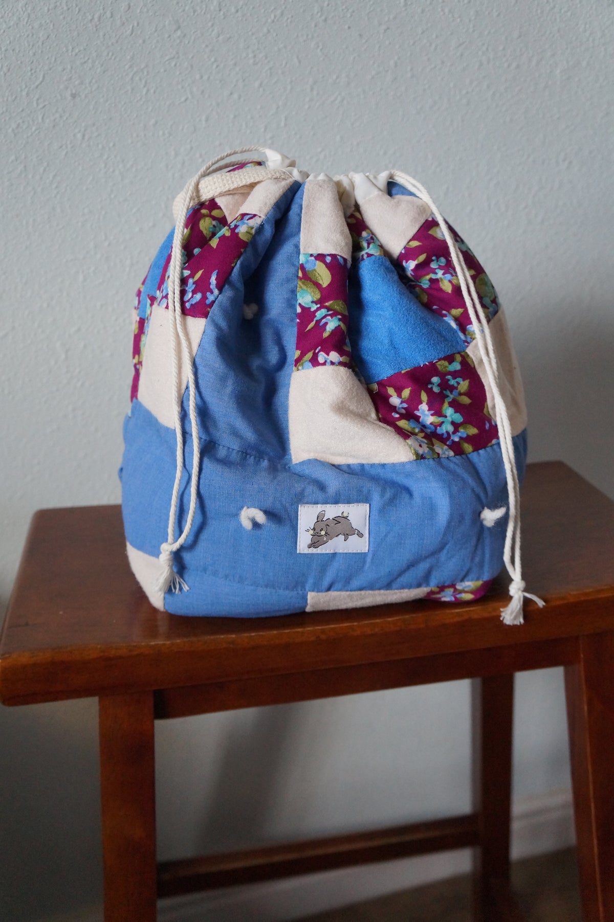 Handmade large 1/1 vintage patchwork quilt drawstring bag
