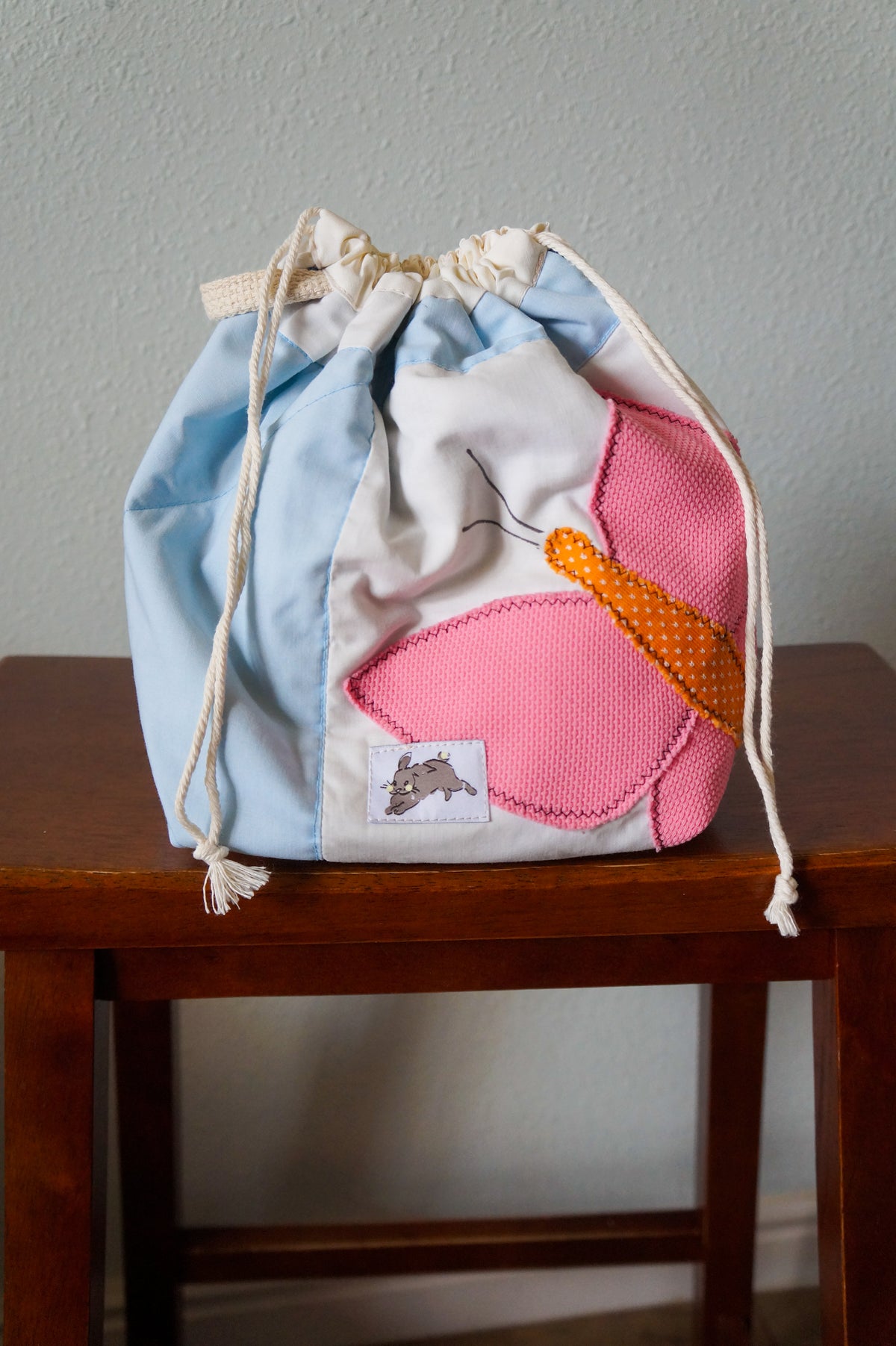 Handmade medium 1/1 vintage butterfly quilt drawstring bag