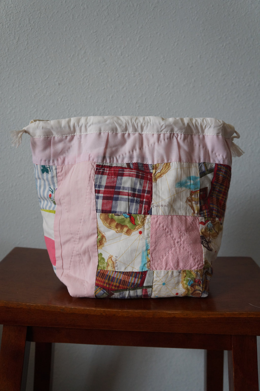 Handmade medium 1/1 vintage pink patchwork quilt drawstring bag
