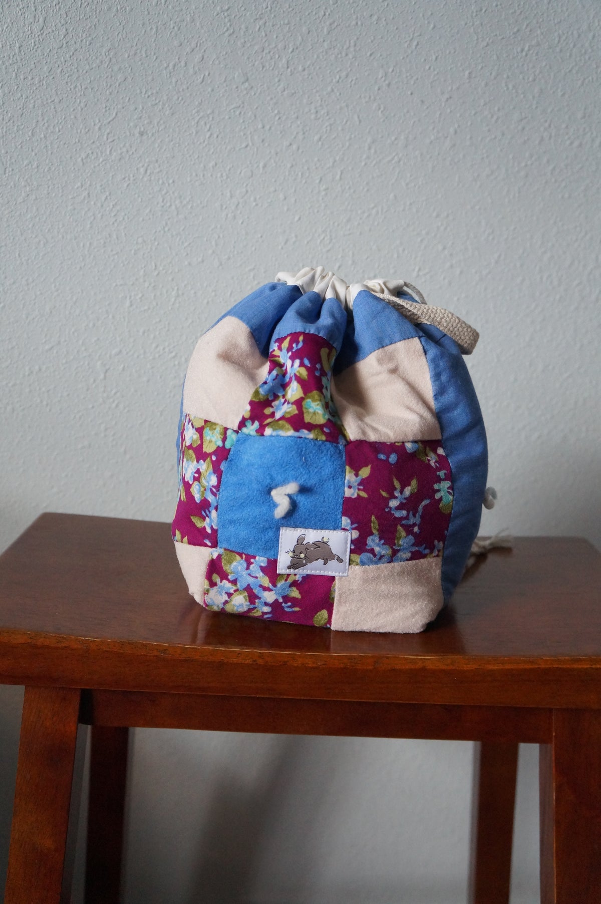 Handmade small 1/1 vintage patchwork quilt drawstring bag