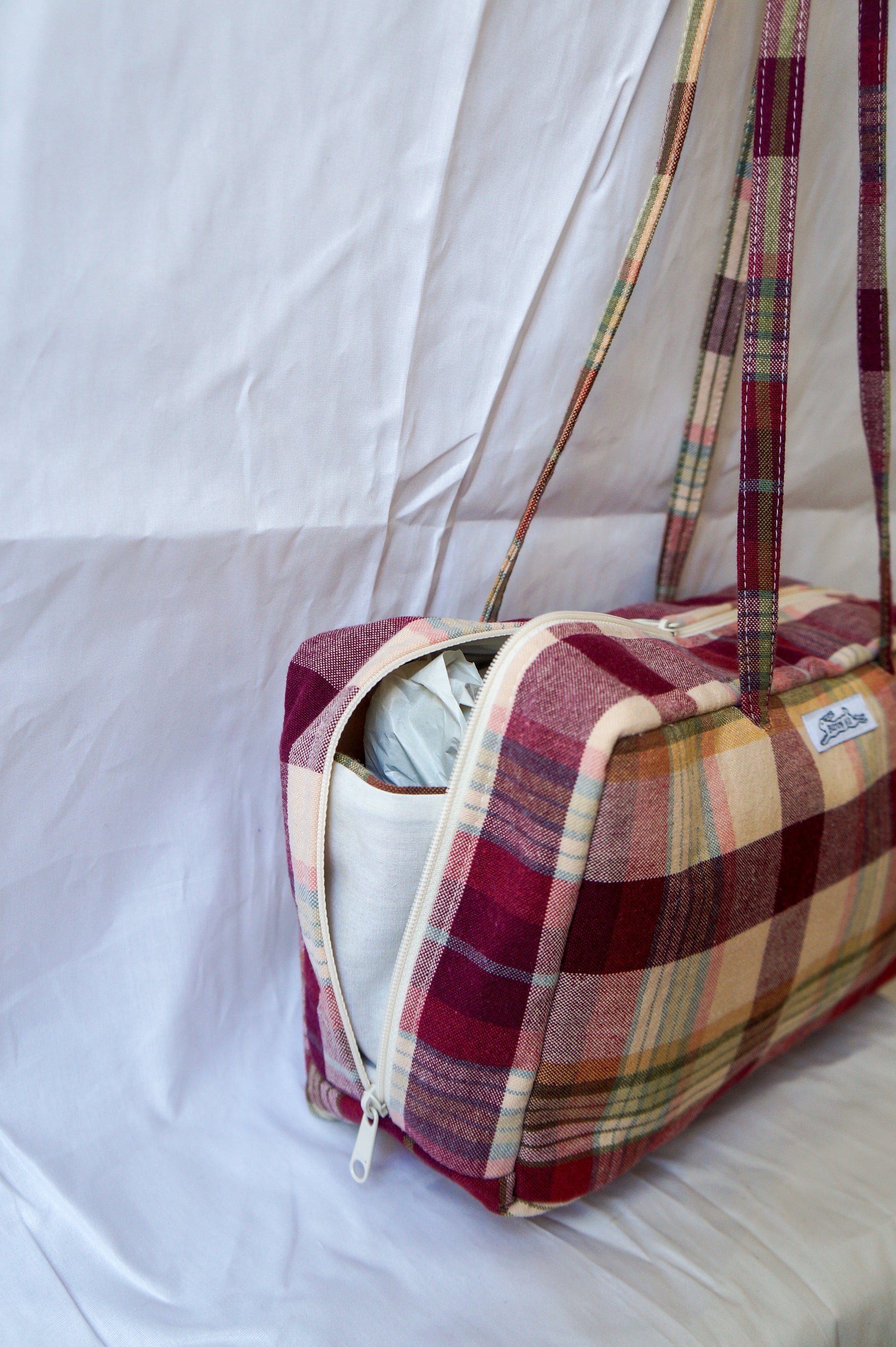 Handmade vtg plaid tablecloth bowler bag