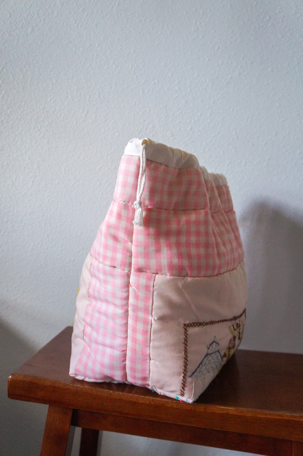 Handmade large pink 1/1 vintage patchwork quilt drawstring bag
