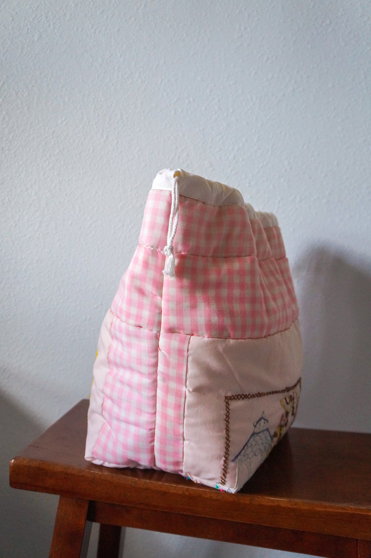 Handmade large pink 1/1 vintage patchwork quilt drawstring bag