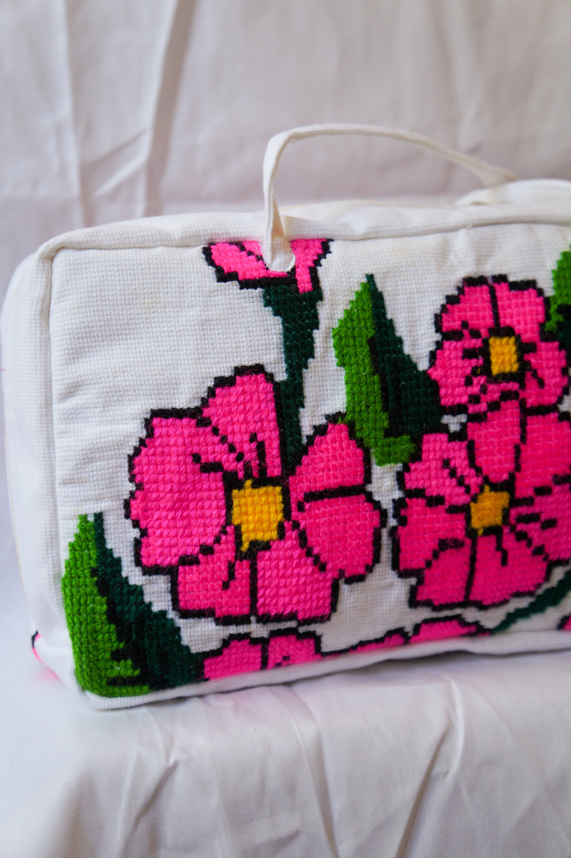 Handmade hot pink flower embroidery bowler bag