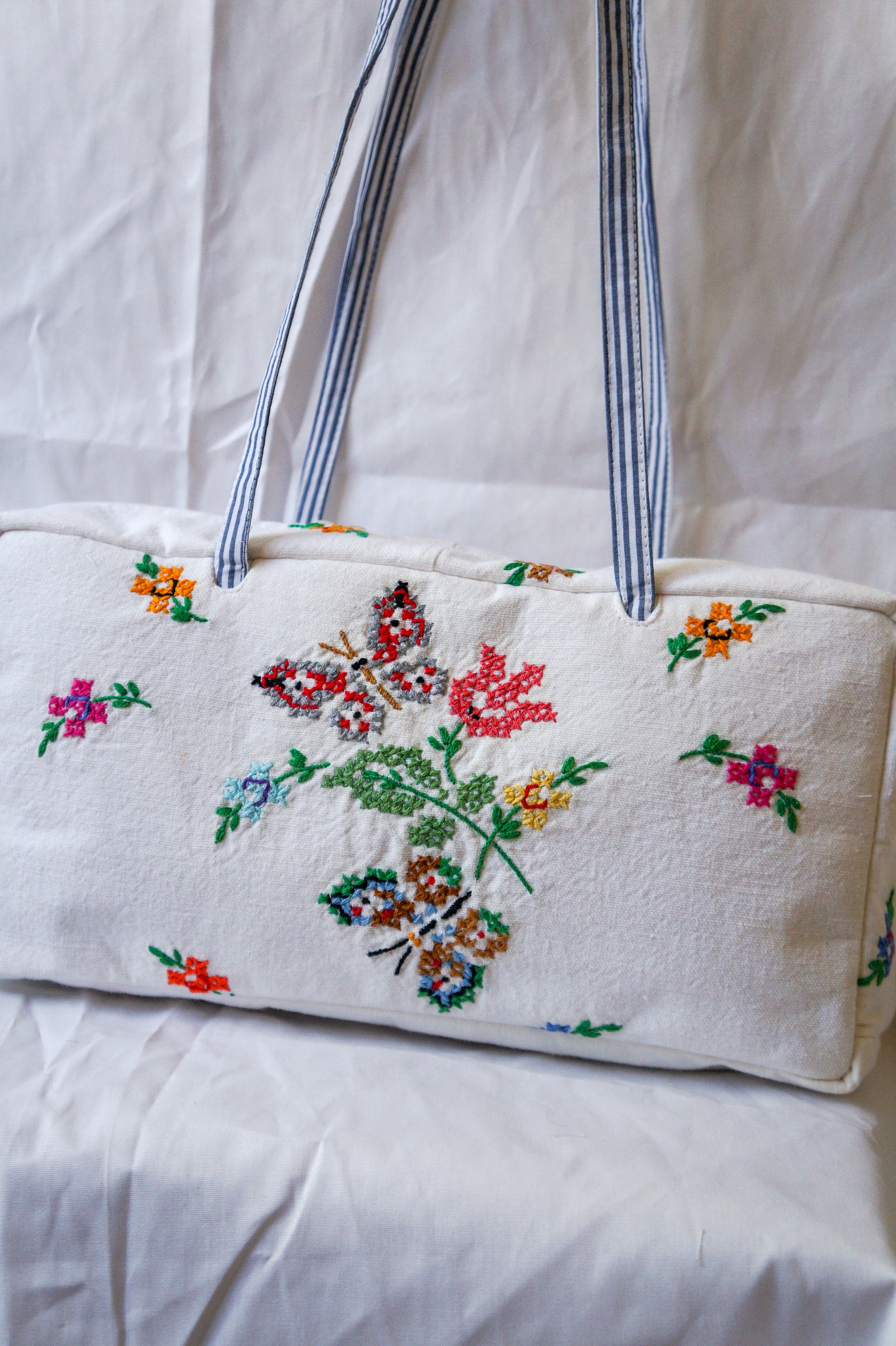 Handmade vtg embroidered butterfly bowler bag