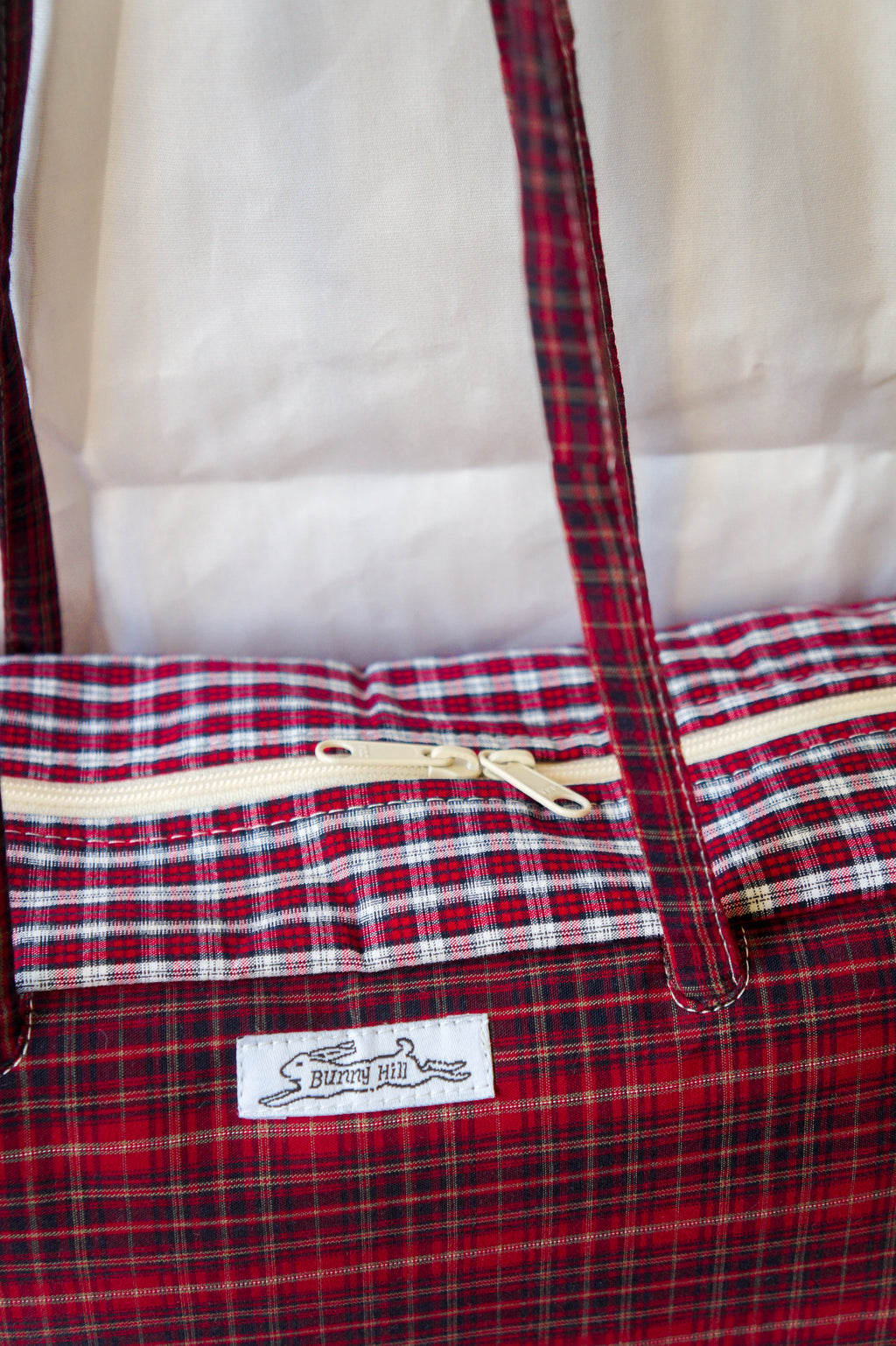 Handmade one of a kind red plaid cotton bowler bag