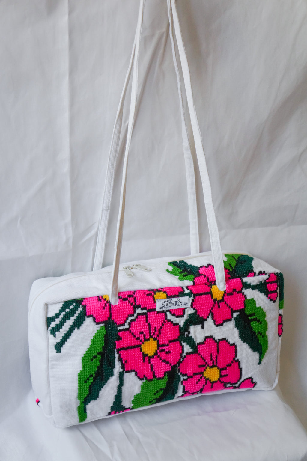 Handmade hot pink flower embroidery bowler bag