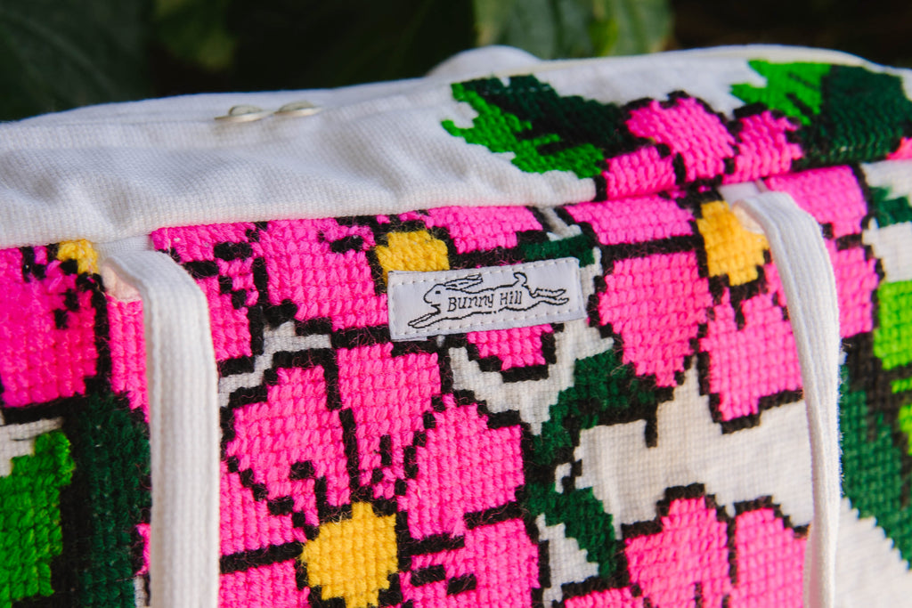 Handmade hot pink flower embroidery bowler bag