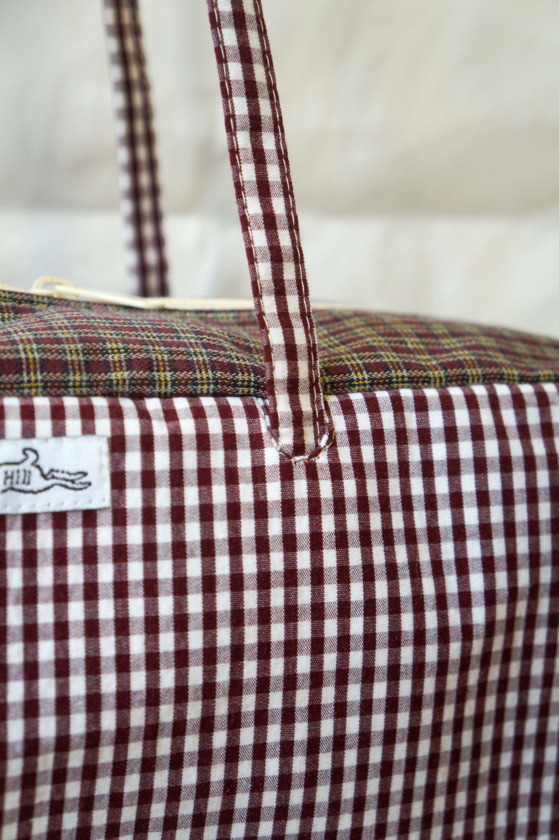 Handmade burgundy gingham and plaid bowler bag