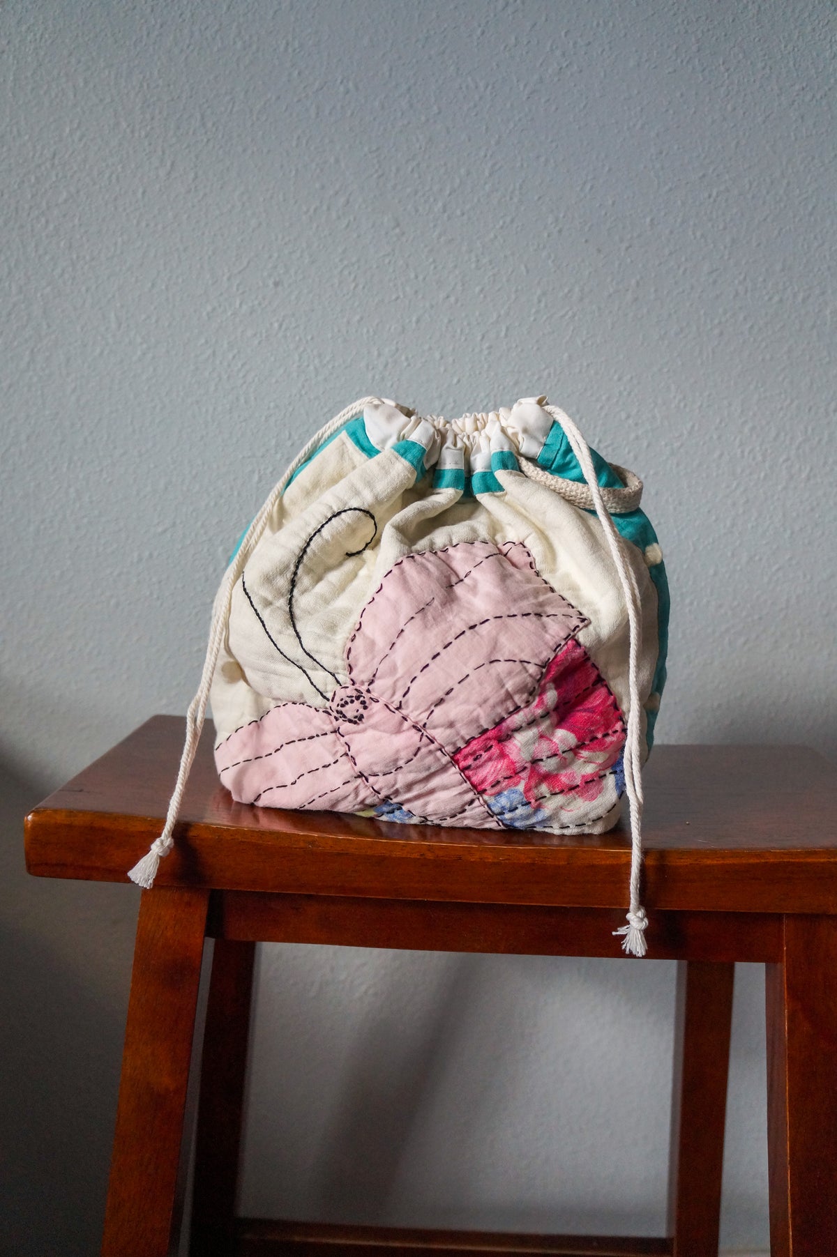 Handmade medium 1/1 vintage butterfly quilt drawstring bag