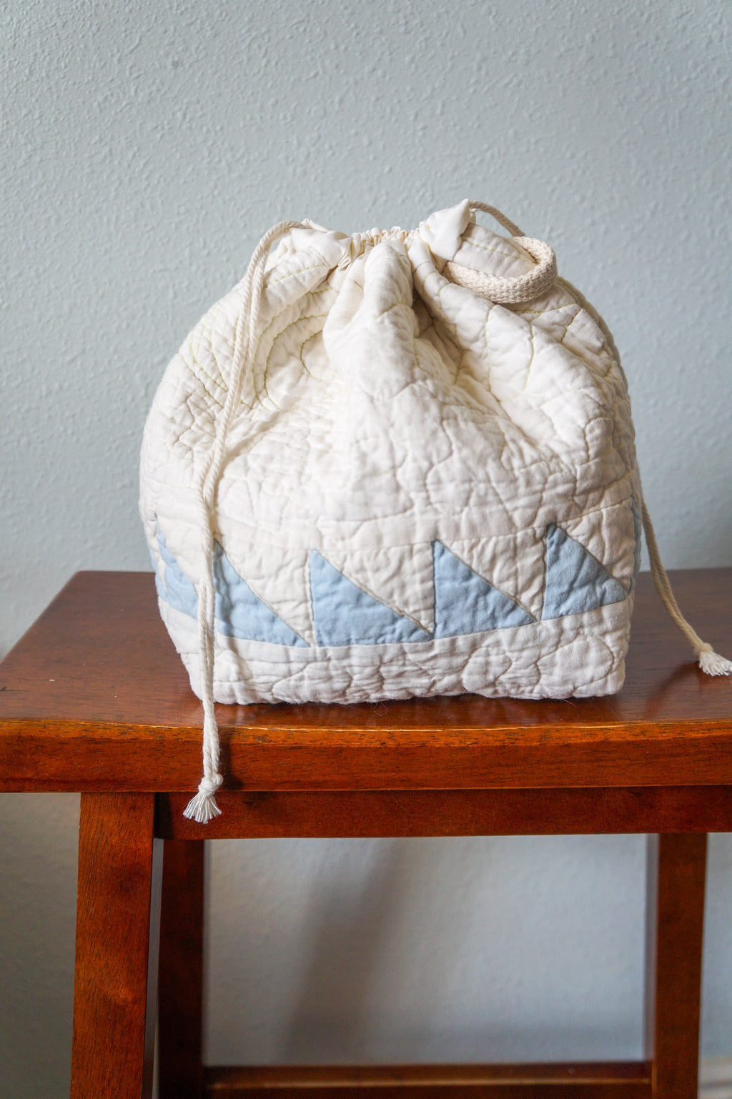 Handmade small 1/1 vintage quilt drawstring bag