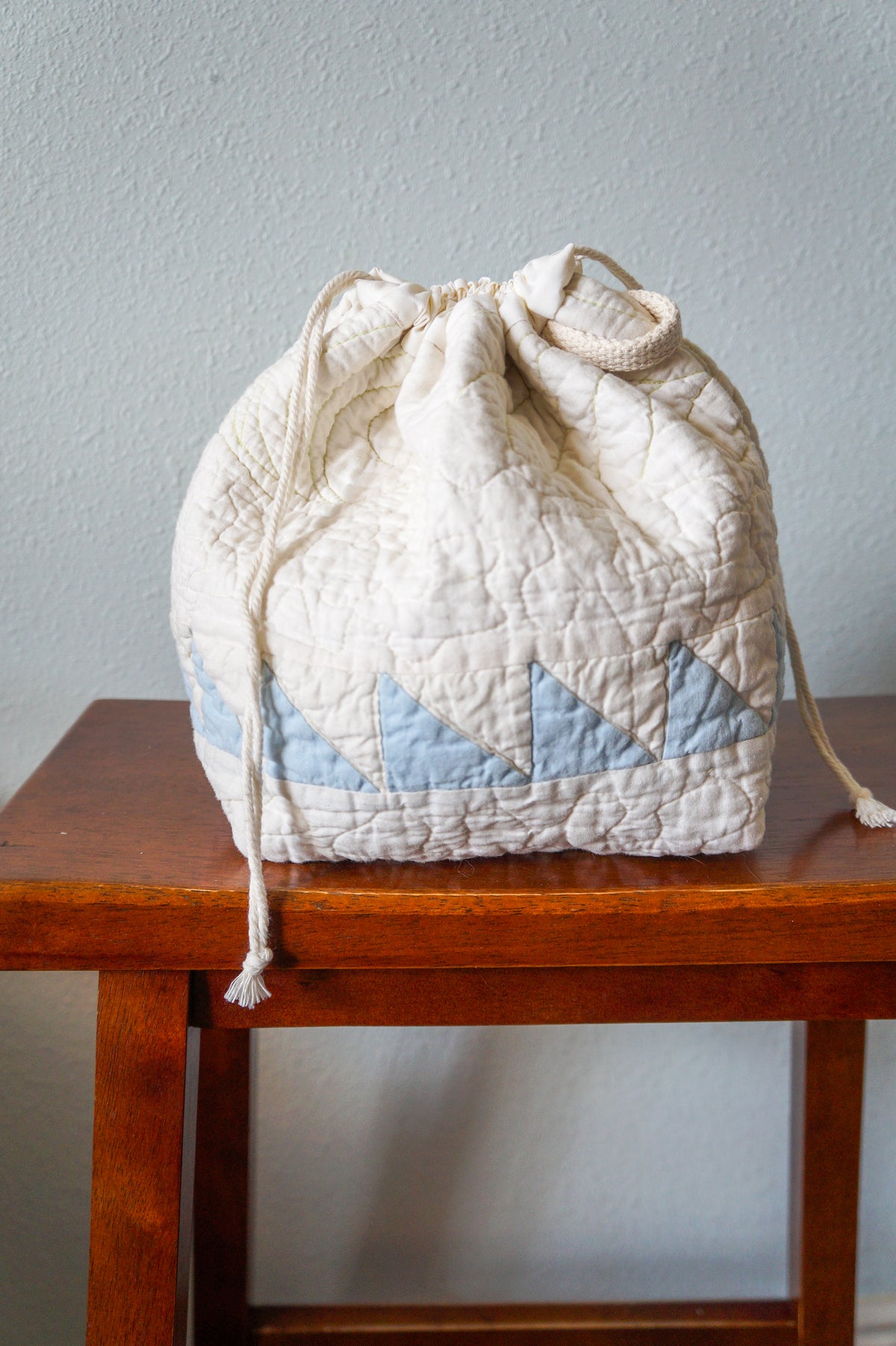 Handmade small 1/1 vintage quilt drawstring bag