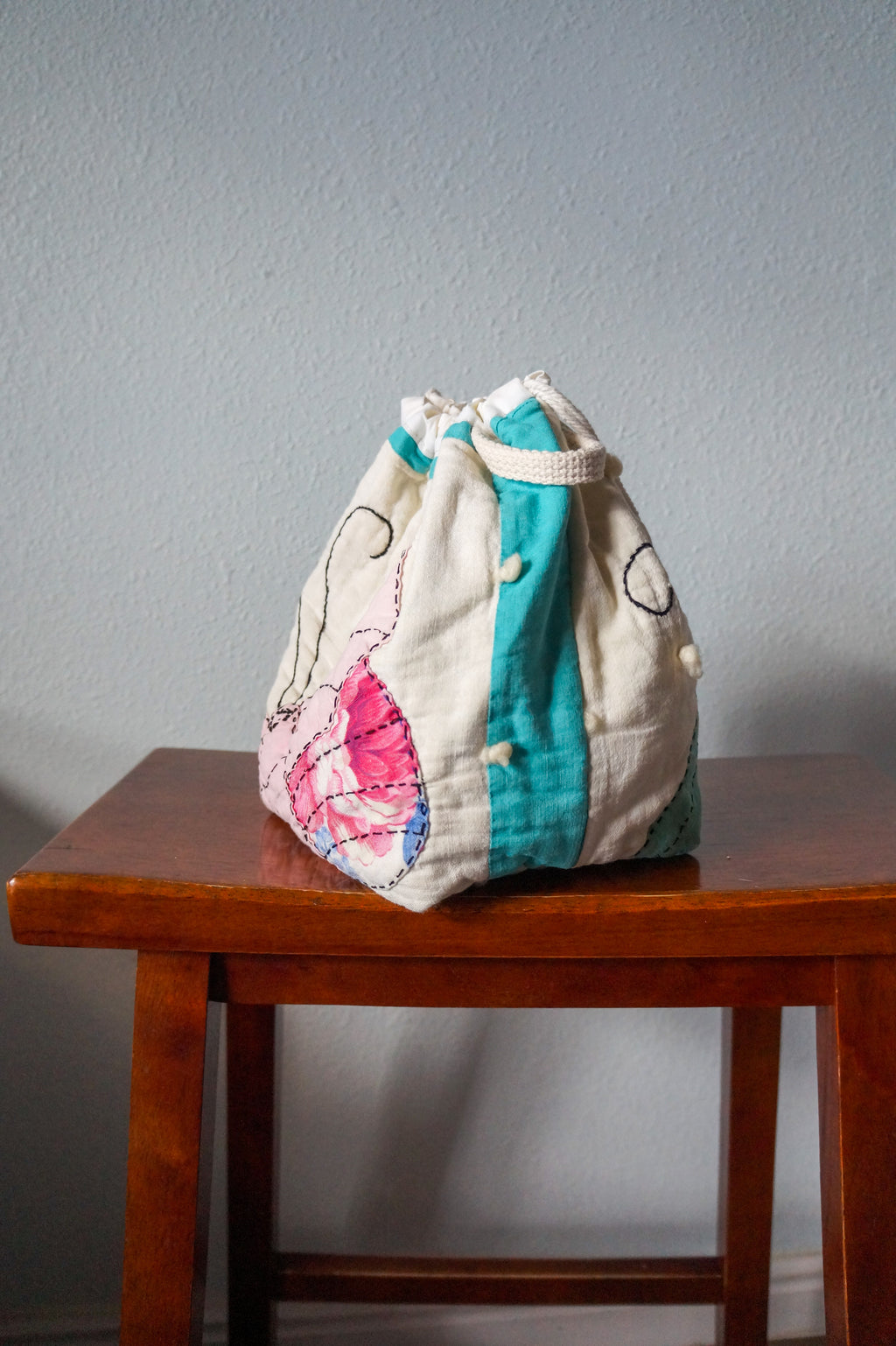 Handmade medium 1/1 vintage butterfly quilt drawstring bag