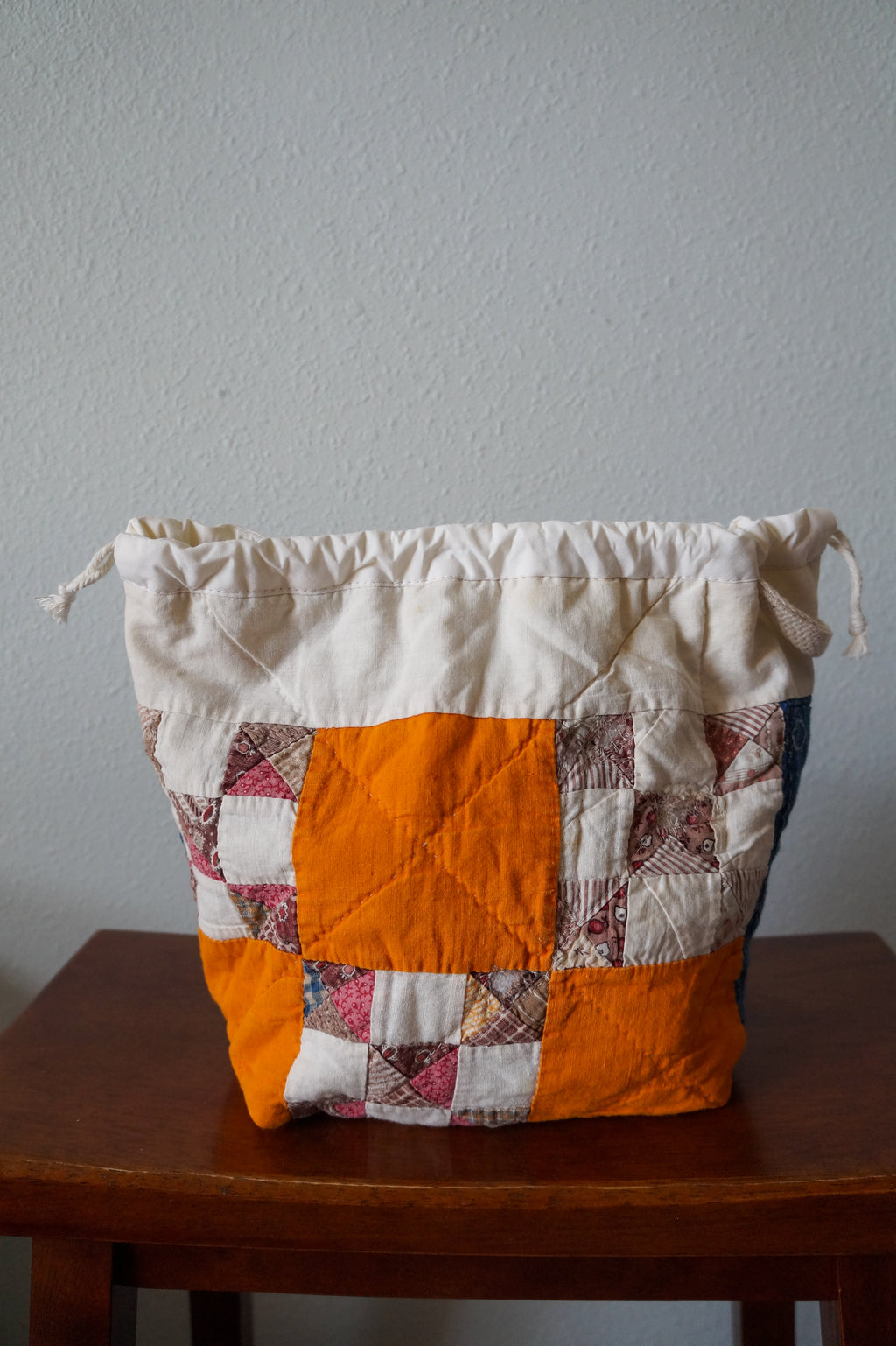 Handmade small 1/1 vintage feedsack quilt drawstring bag