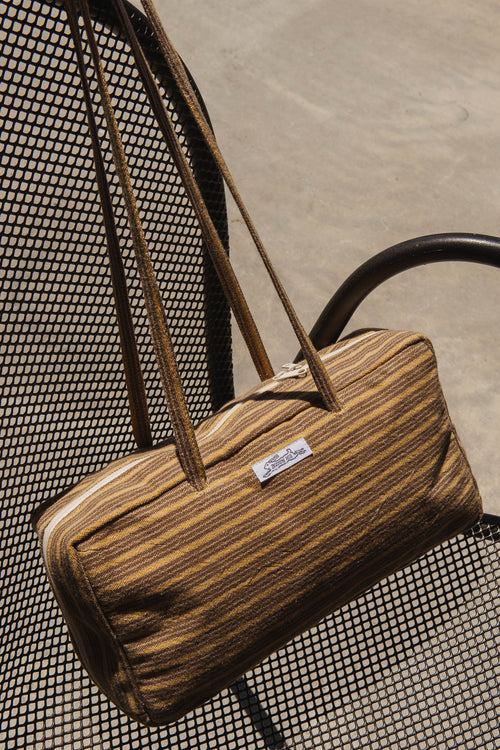 Handmade brown and yellow stripe woven tablecloth bowler bag