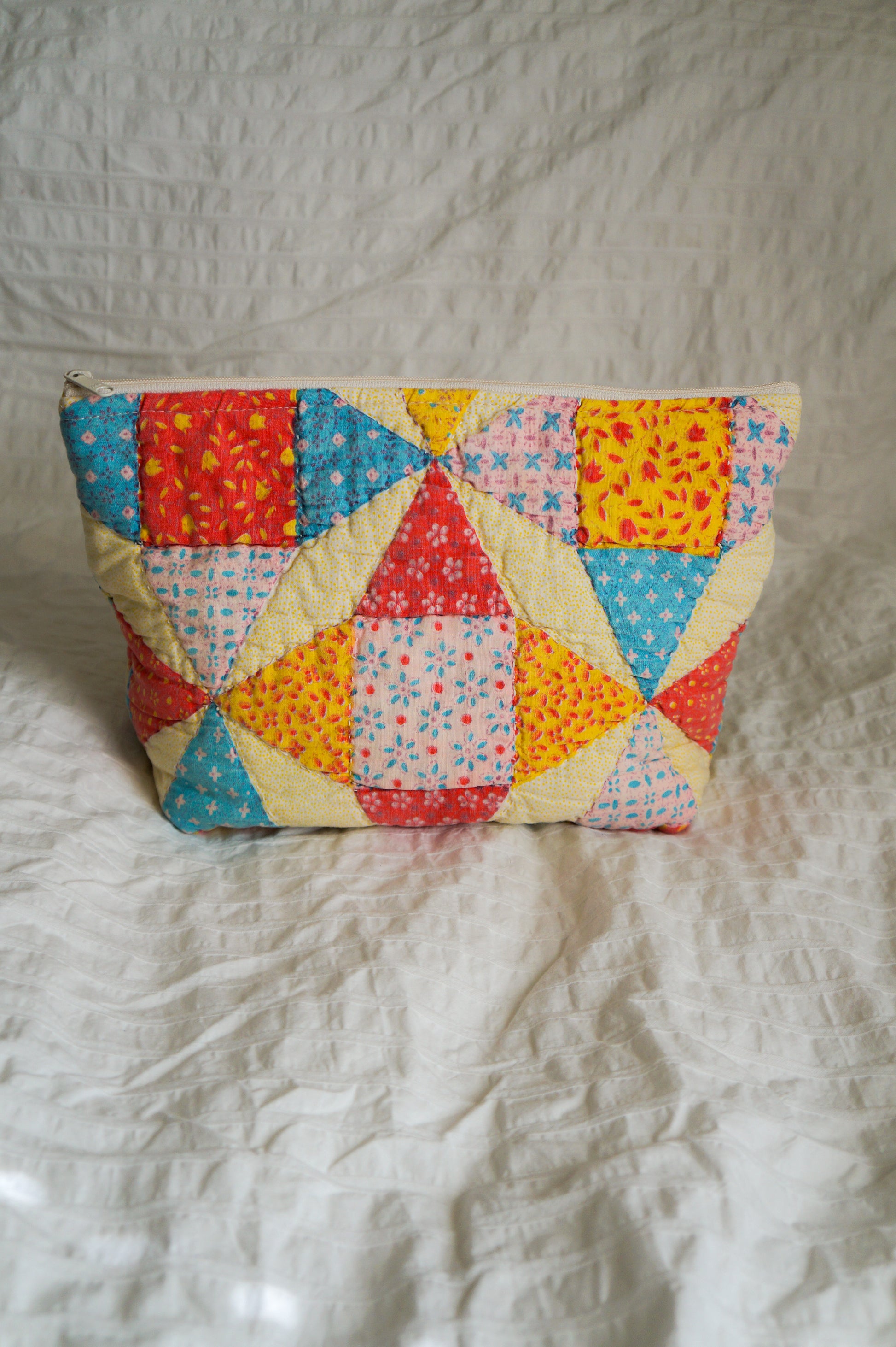 Handmade large feed sack quilt triangle pouch