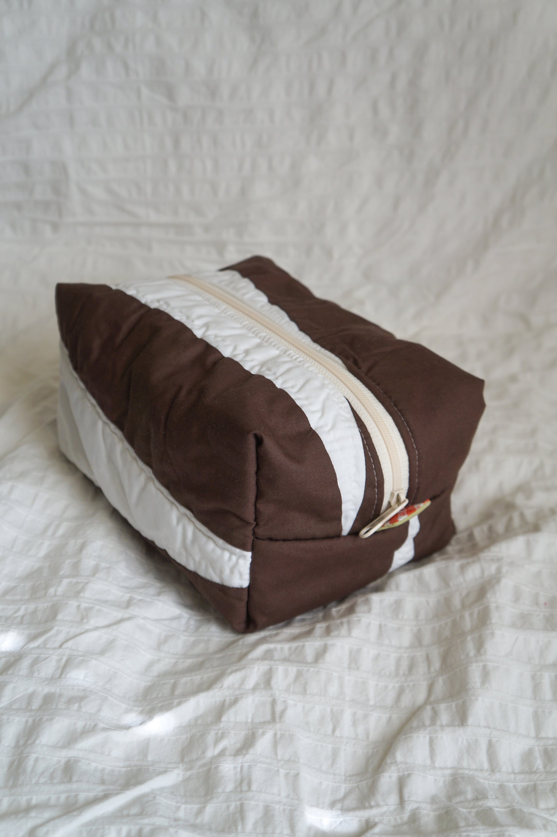 Handmade jumbo box pouch in brown triangle stripe